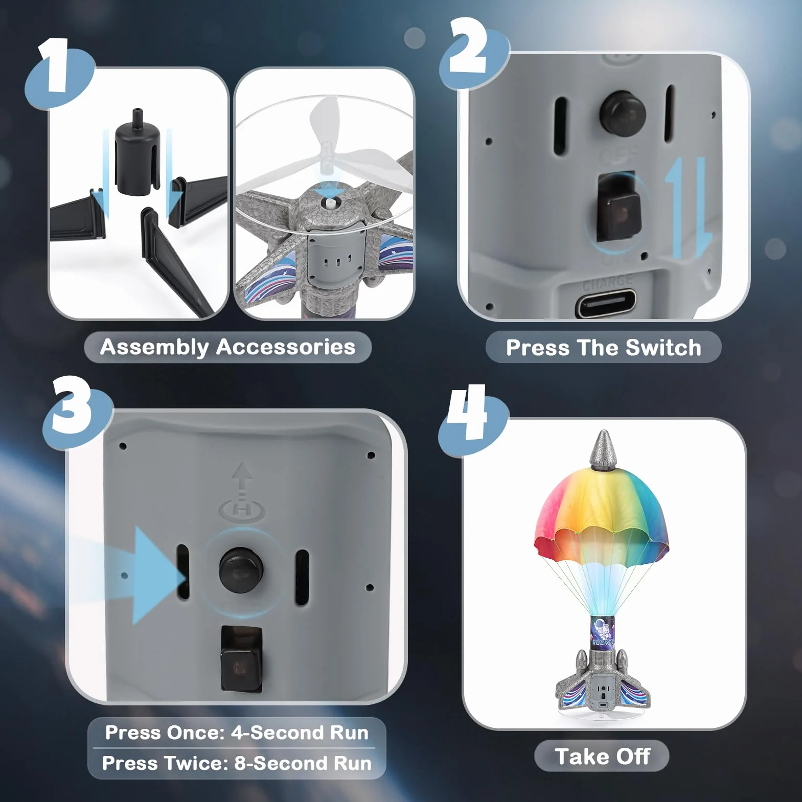 Dreamon Rakieta dla dzieci ze spadochronem LED, zmotoryzowana rakieta, zabawka outdoorowa, prezent dla dzieci w wieku 6, 7, 8, 9 lat