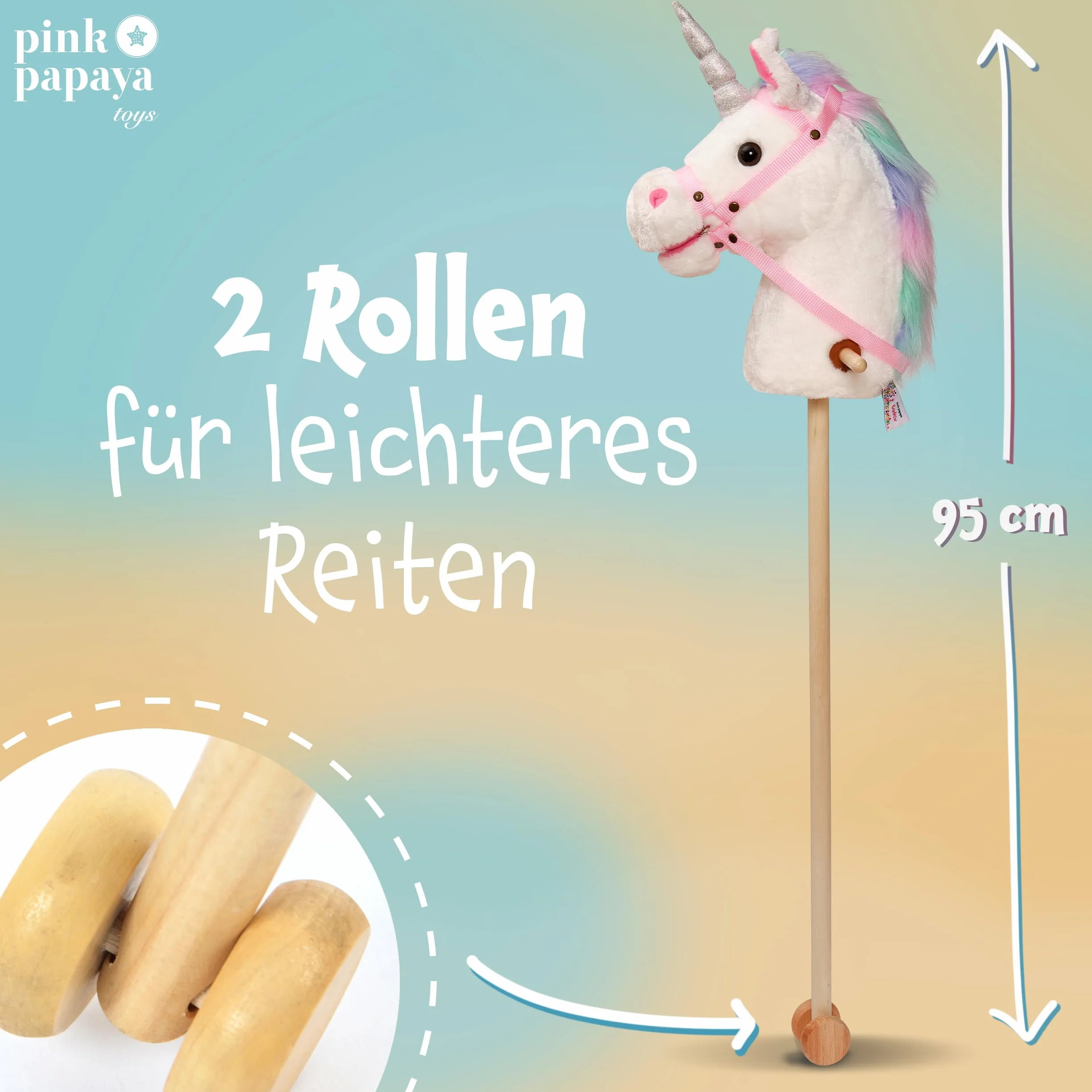 Pink Papaya Hobby Horse, Tęczowy, uroczy konik wykonany z materiału z funkcją dźwiękową: rżenie i odgłos galopu