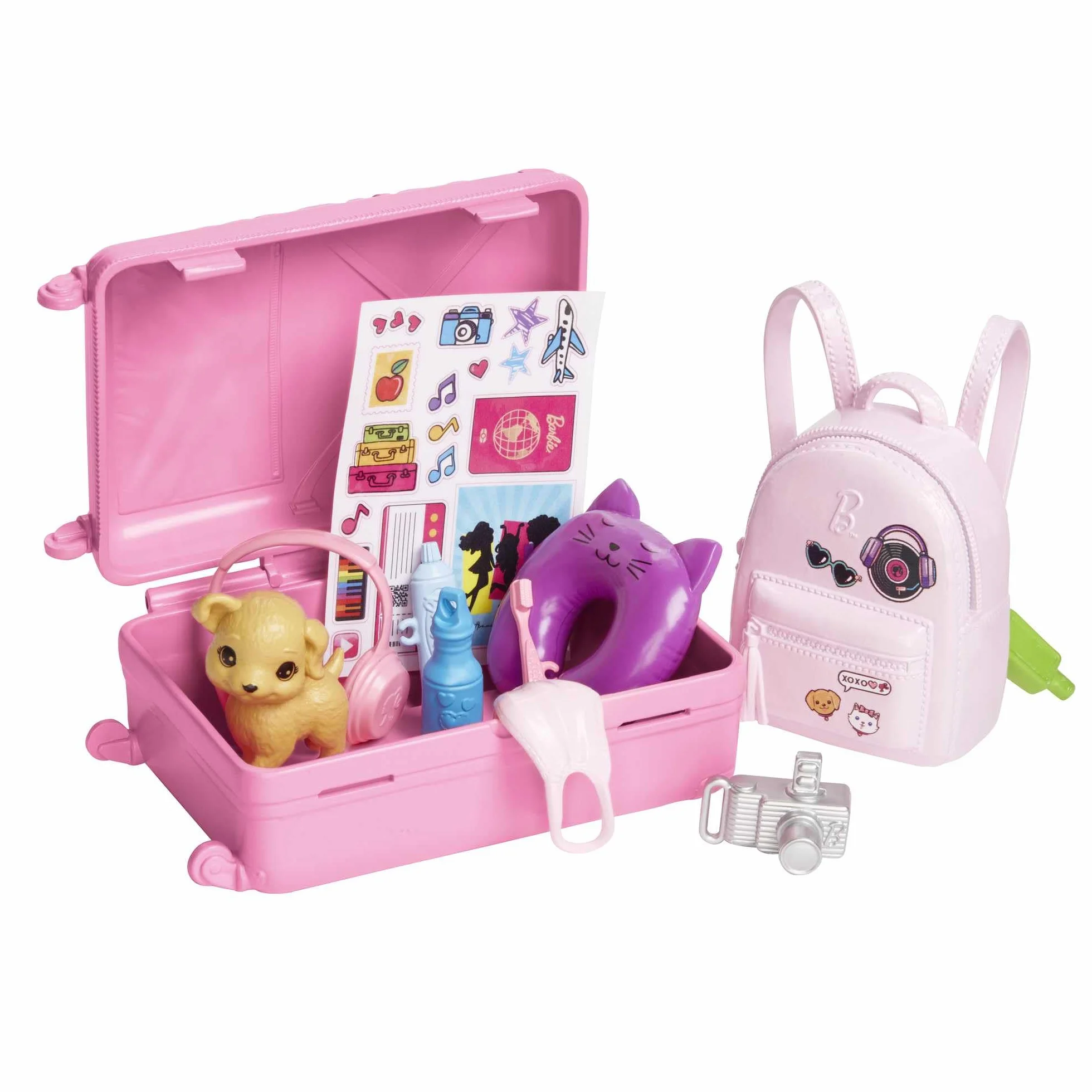Barbie Malibu w podróży; Zestaw podróżny z lalką Barbie „Malibu” Roberts, pieskiem i ponad 10 akcesoriami, w tym otwieraną walizką, HJY18