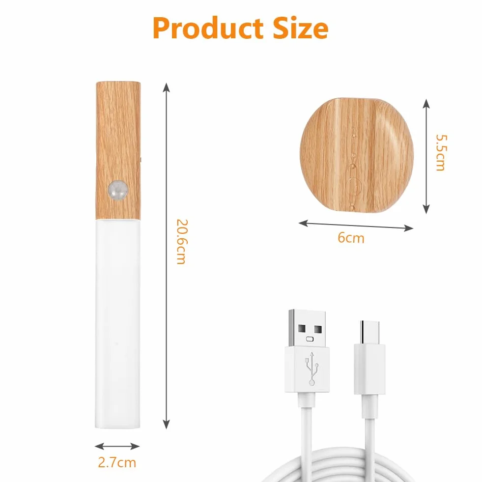 HOTUT Kinkiet Magnetyczny 2 szt. Ładowany USB z Czujnikiem Ruchu - Wzór Drewna