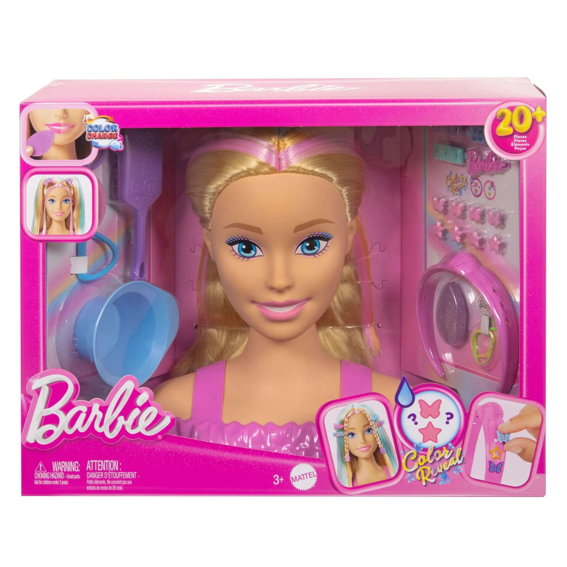 Barbie Głowa do stylizacji z blond włosami i ponad 20 akcesoriami, w tym gwiazdkowymi i motylkowymi przypinkami zmieniającymi kolor, JFG81