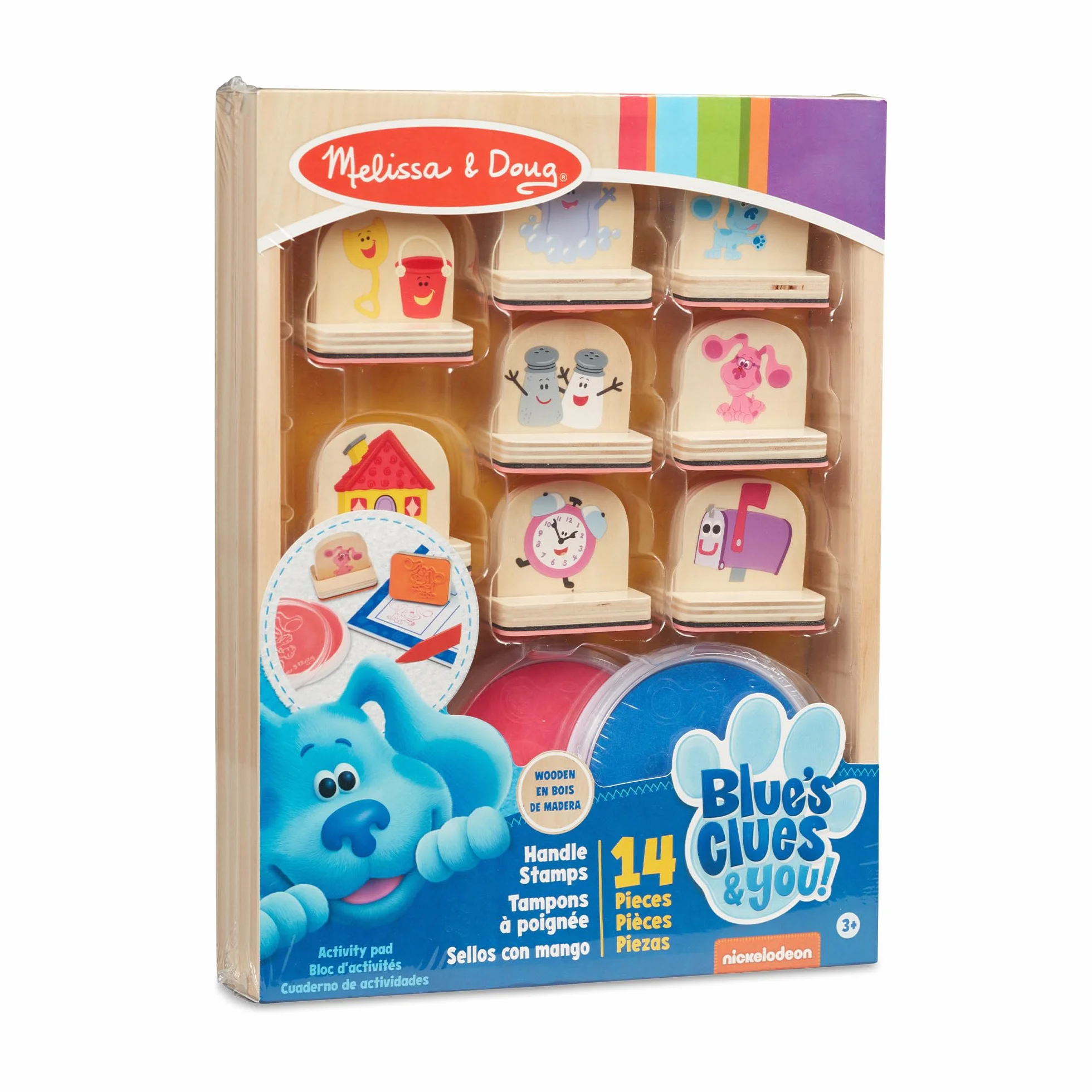 Melissa & Doug Blue's Clues & You! Zestaw pieczątek z drewnianą rączką i zeszyt ćwiczeń (15 elementów)