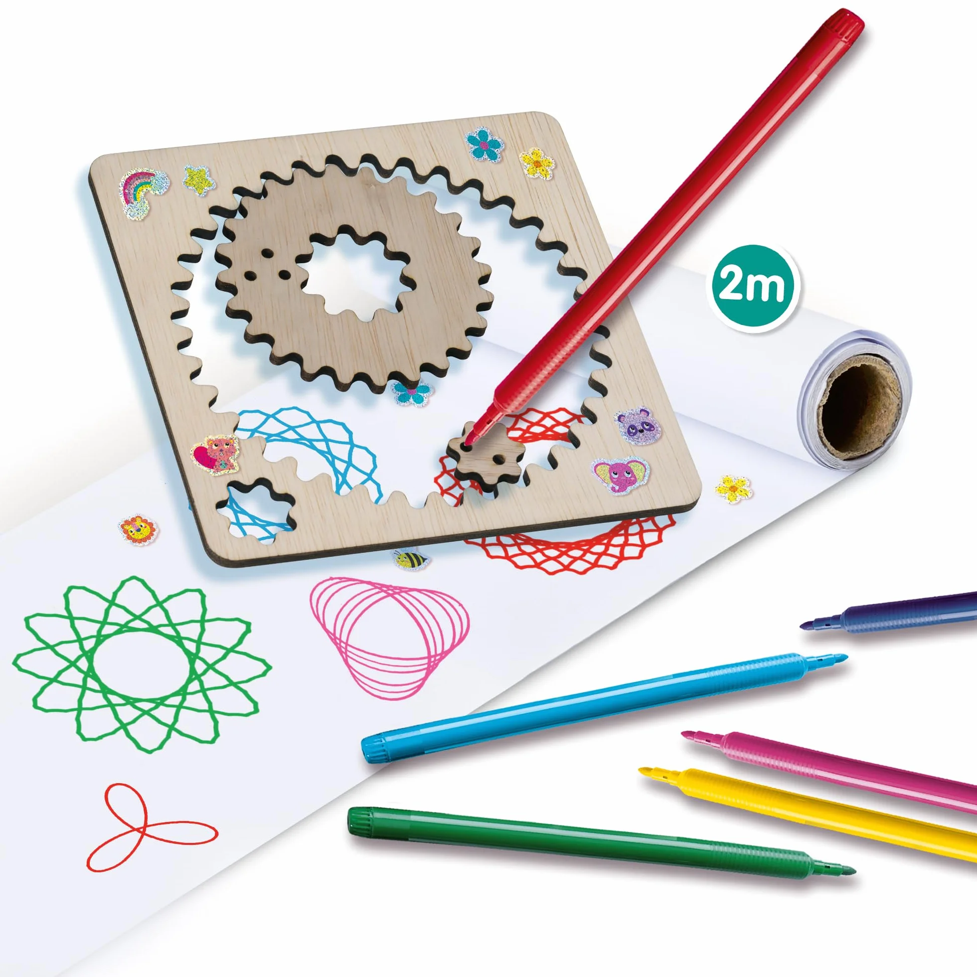 SES Creative 14788 Drewniany projektant spirali - kreatywny zestaw do rysowania dla dzieci w wieku 5+ - stwórz ponad 40 unikalnych wzorów spiralnych z 5 drewnianymi kółkami