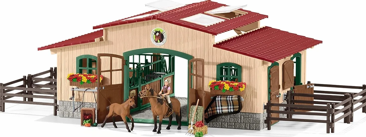 schleich FARM WORLD | Stajnia z końmi i akcesoriami 42195 | Zestaw ze stajnią, padokiem, 2 końmi, figurką dziewczynki i akcesoriami | Zabawka farma od 3 lat | 96 elementów | Ekskluzywnie na Amazon
