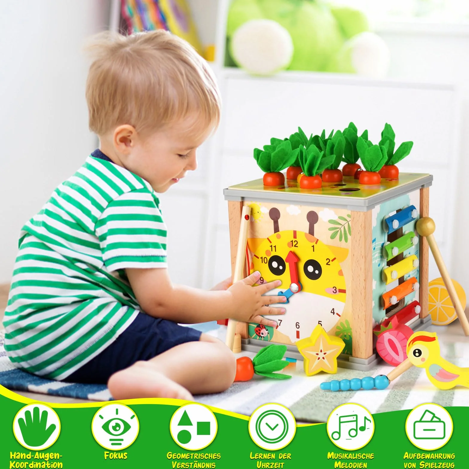 Kostka aktywności dla niemowląt 1 rok, 7 w 1 kostka, interaktywne gry dla niemowląt, drewniana zabawka sensoryczna, edukacyjna kostka aktywności, zabawka Montessori, prezent na Boże Narodzenie,