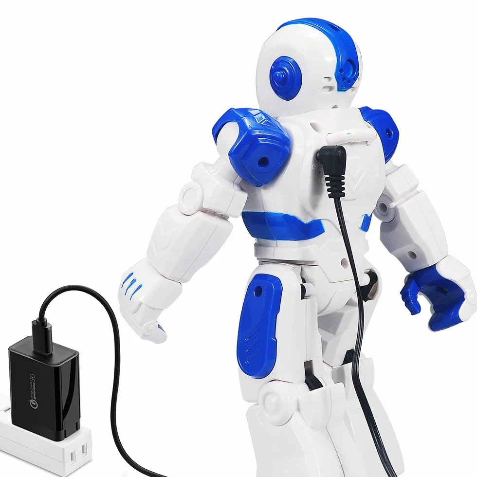 HUSAN Robot zdalnego sterowania dla dzieci, inteligentny tańczący robot z kontrolerem na podczerwień, zabawki, programowalny, śpiewanie, spacery po księżycu i oczy LED, zestaw robotów do wykrywania gestów dla dzieci (niebieski)