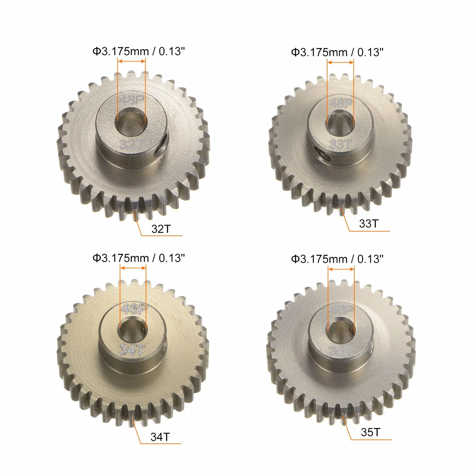 sourcing map Zestaw 4 szt. hartowanych zębników 48P 32T, 33T, 34T, 35T, pasuje do silnika RC 3,175 mm, wał 48 odległości, aluminiowe koła zębate 7075, do samochodów RC z kluczem sześciokątnym