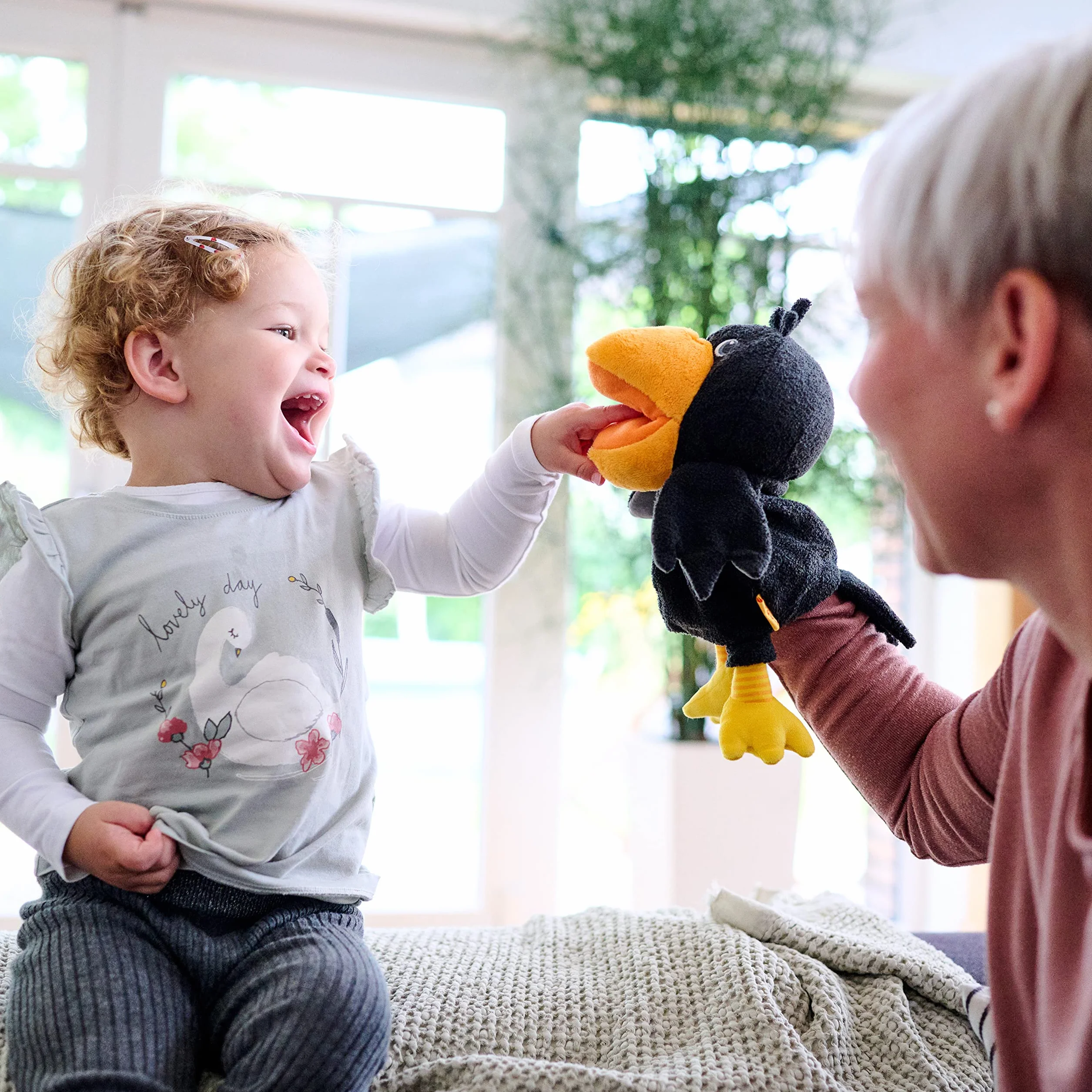 HABA 304203 Hand Puppet Raven Theo, the Cheeky Raven from the Haba Classic Fruit Garden as Cuddly Hand Puppet, Toy from 18 Months