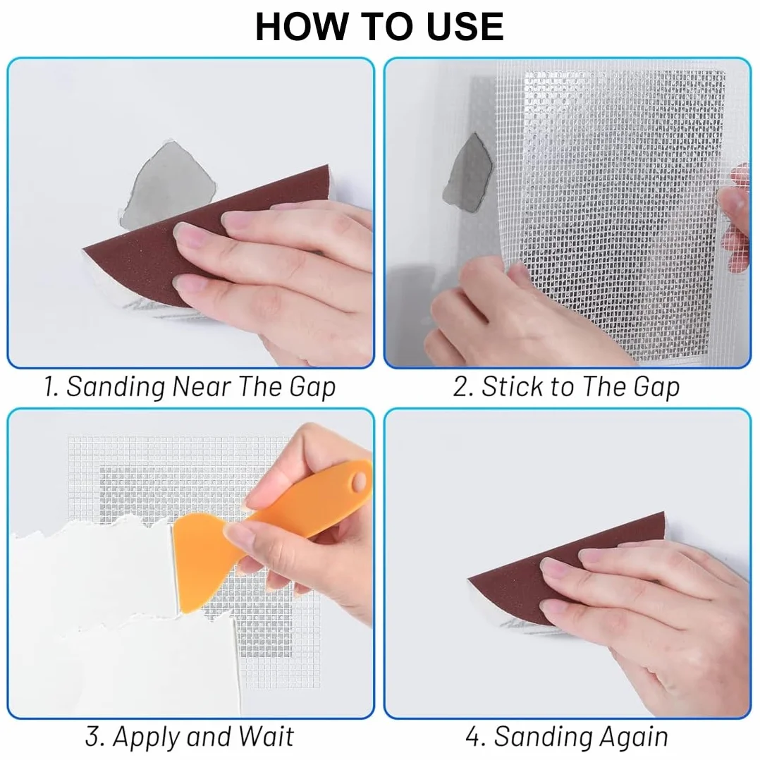 8 szt. 10 x 10 cm, aluminiowa naprawa samoprzylepnych łatek ściennych z siatki o wysokiej wydajności, z 2 różnymi skrobakami, naprawa ekranów do suchej zabudowy