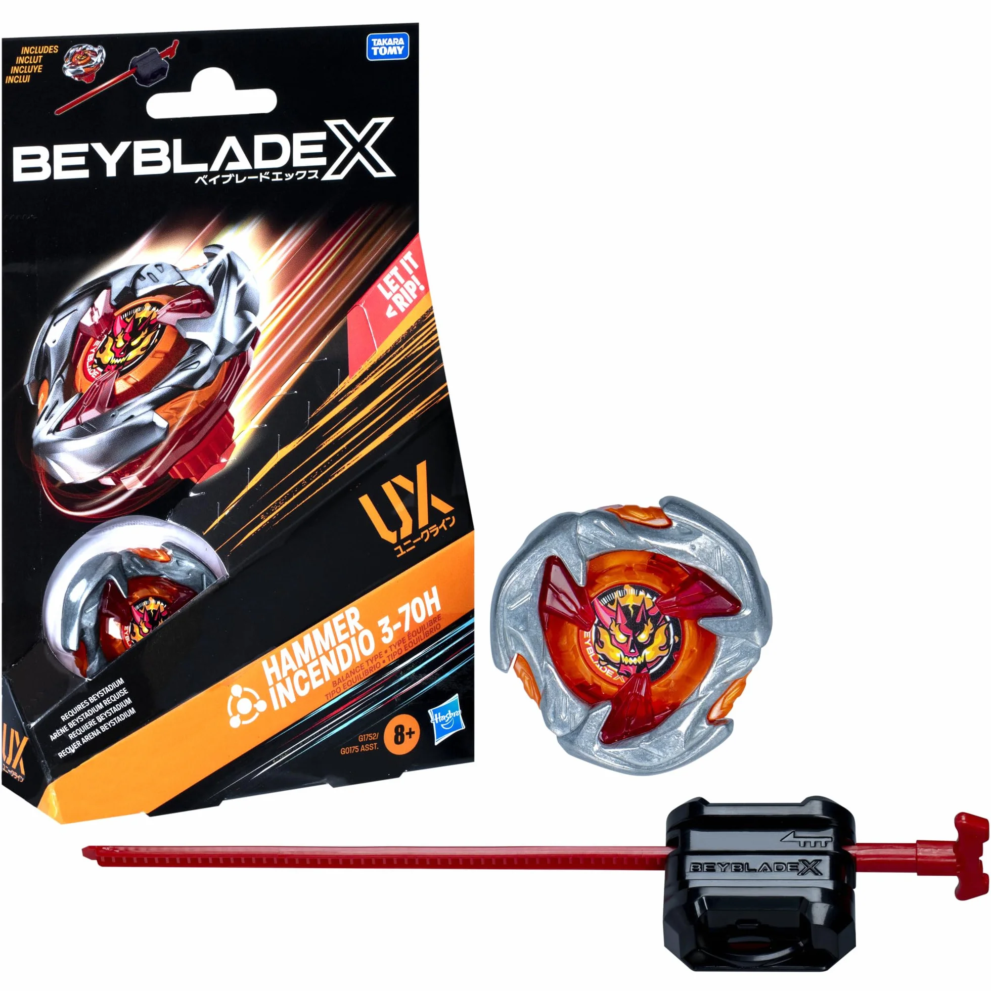 Pakiet startowy Beyblade X Hammer Incendio 3-70H UX, bączek i wyrzutnia