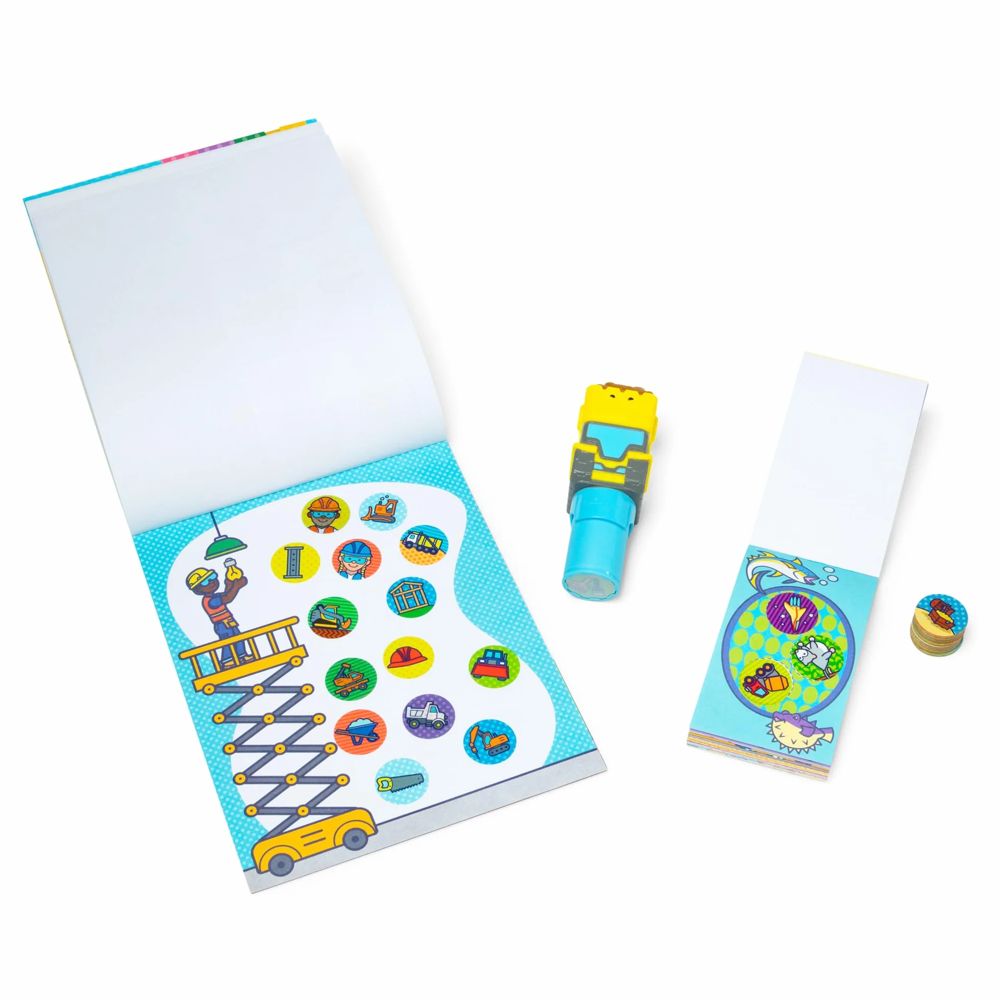 Melissa & Doug Naklejka Wow!™ Zestaw Bulldozer: 24-stronicowy blok aktywności, szablon do naklejek, 500 naklejek, zabawka dotykowa i artystyczna z postacią kolekcjonerską