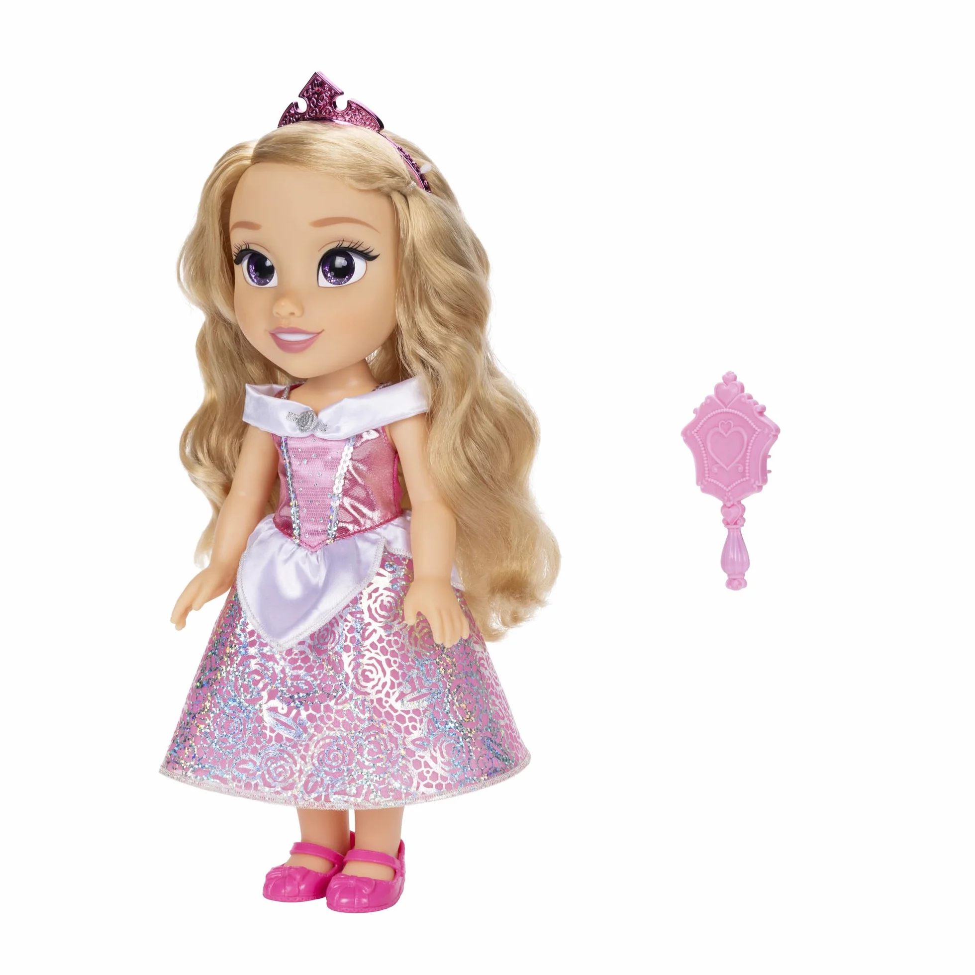 Disney Princess Modna lalka Aurora, 14"/35 cm wysoka lalka z królewskimi oczami refleksyjnymi zawiera błyszczącą platynową sukienkę z nadrukiem holofoilu, buty, tiara i pędzel, idealna dla dziewcząt w