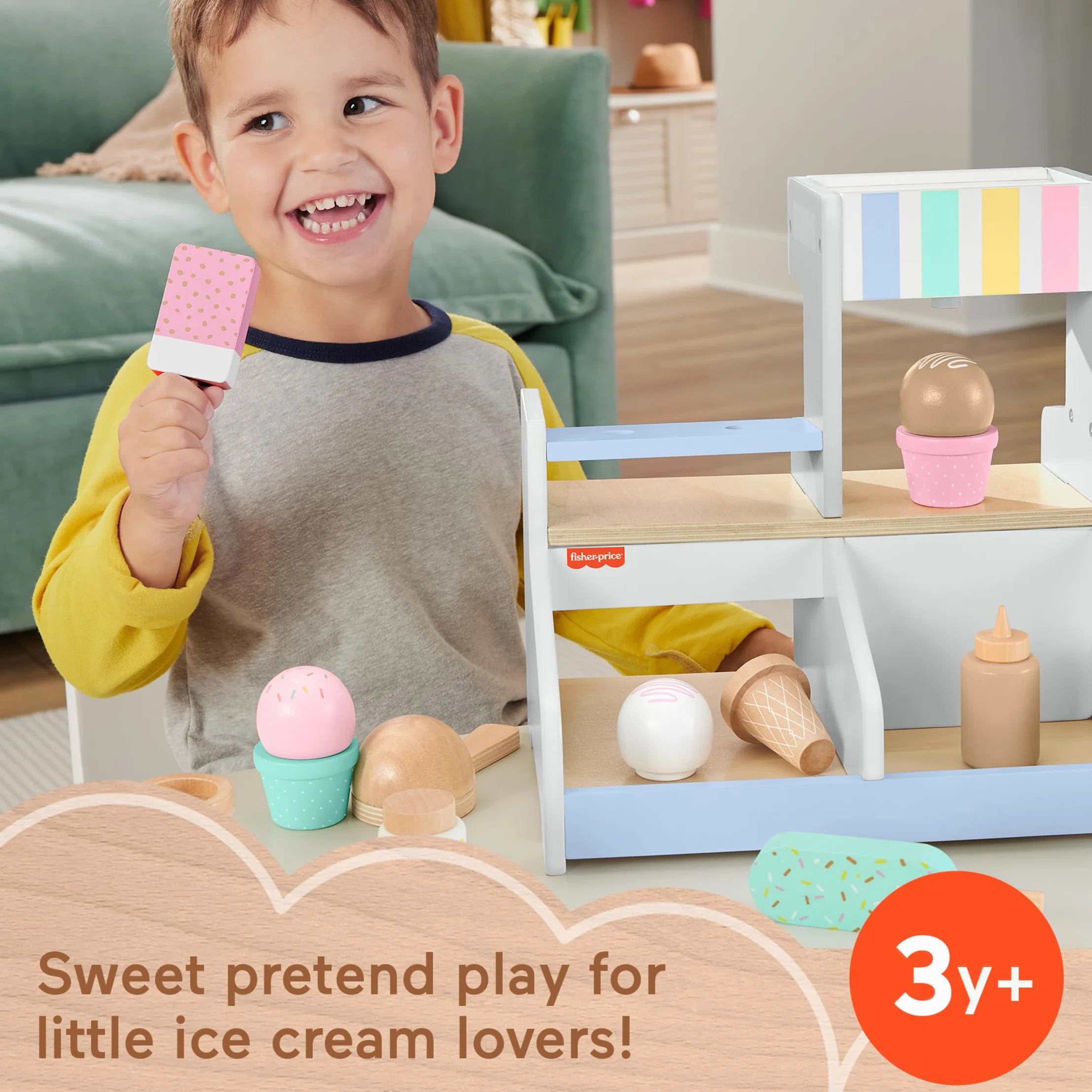 Fisher-Price Drewniana lodziarnia Zestaw z 18 elementami do zabawy w naśladowanie Drewniana zabawka dla 3 latków i starszych maluchów, HXV21