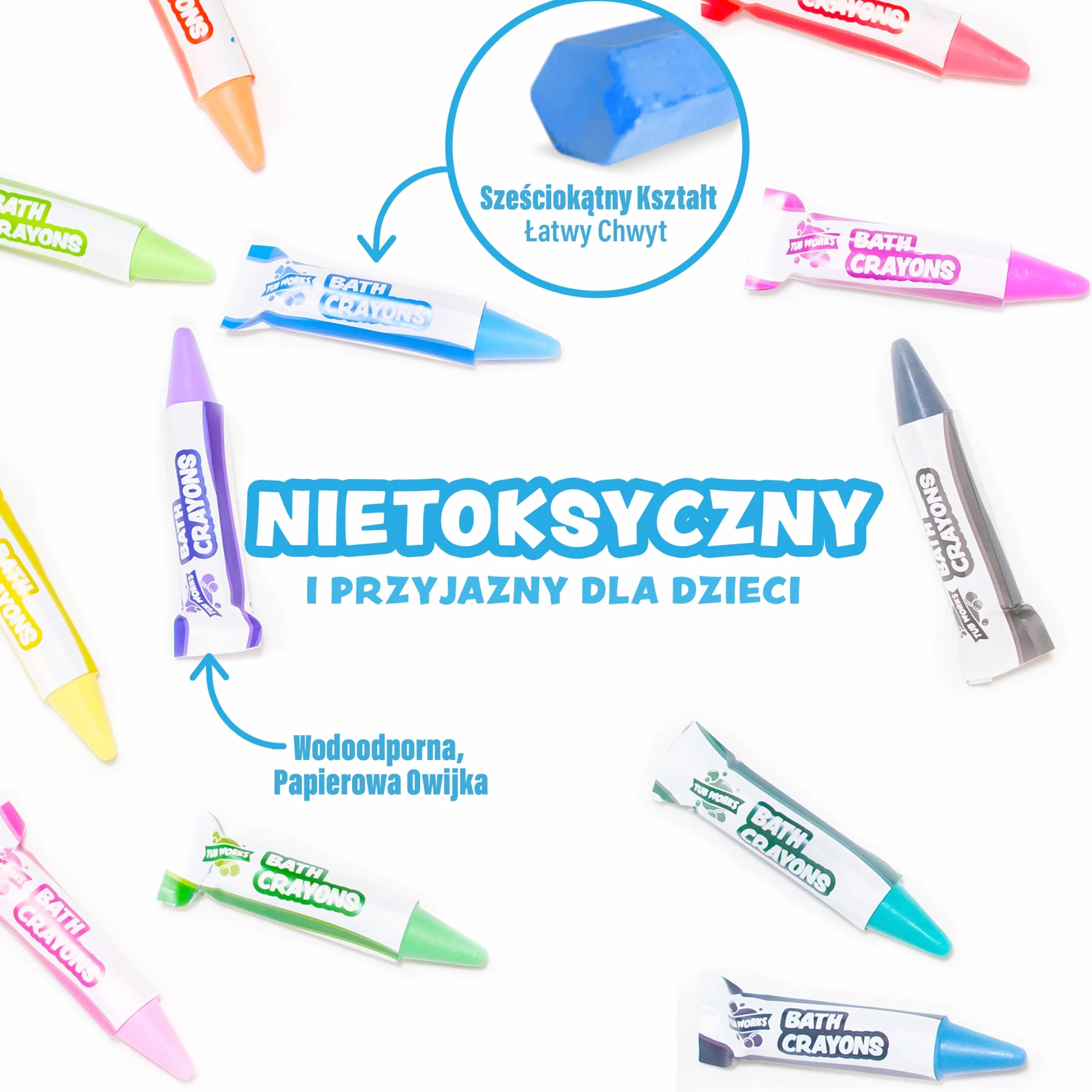 Tub Works® Kredki Do Kąpieli, 12 Sztuk | Nietoksyczne, Zmywalne Kredki do Kąpieli Dla Maluchów & Dzieci | Gładko & Żywo Rysować Na Mokrych & Suchych Ścianach Wanien | Kąpieli z Sześciokątnym Uchwytem