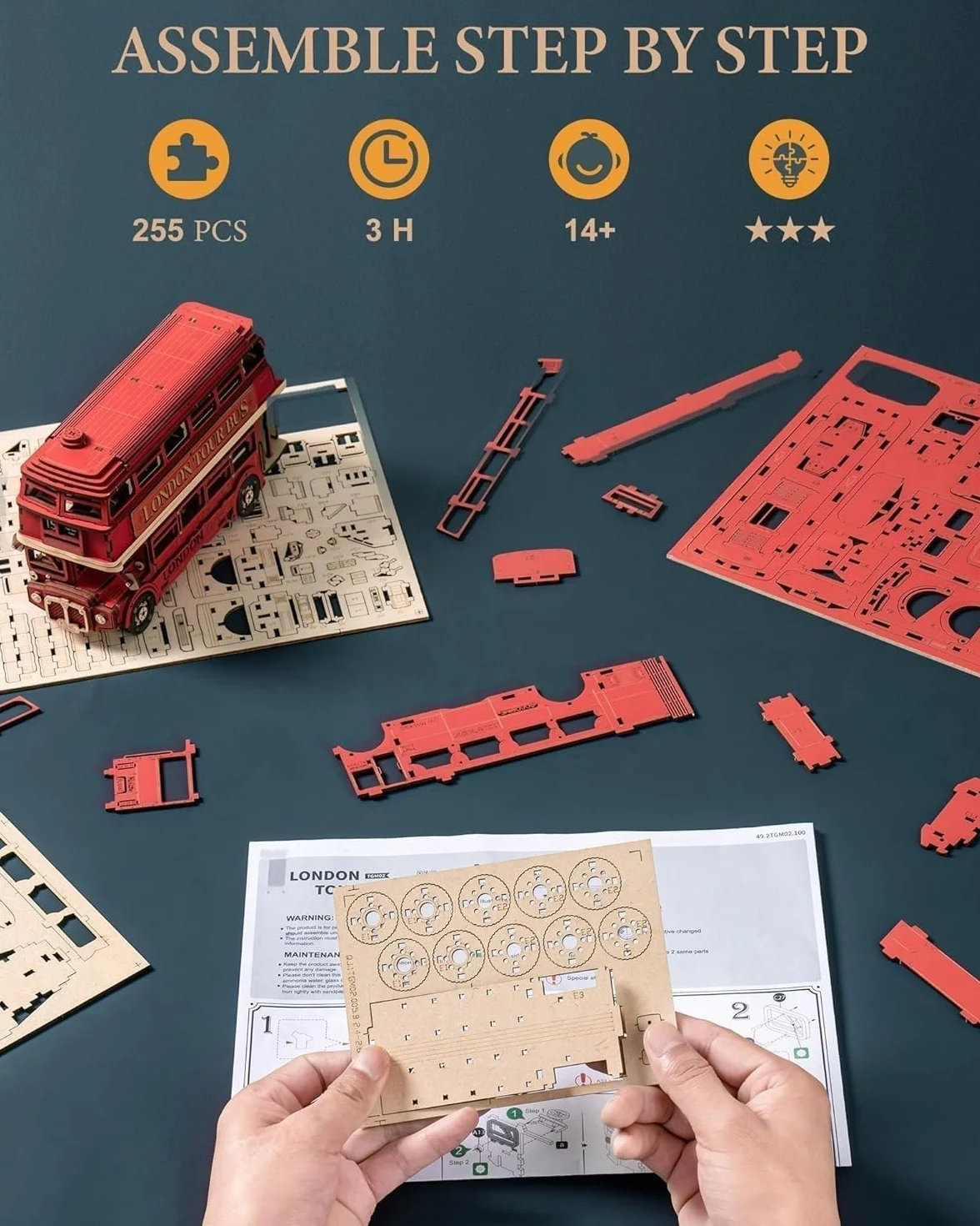 ROWOOD Drewniane puzzle 3D London Tourbus, kreatywny zestaw modelarski dla dorosłych do budowania