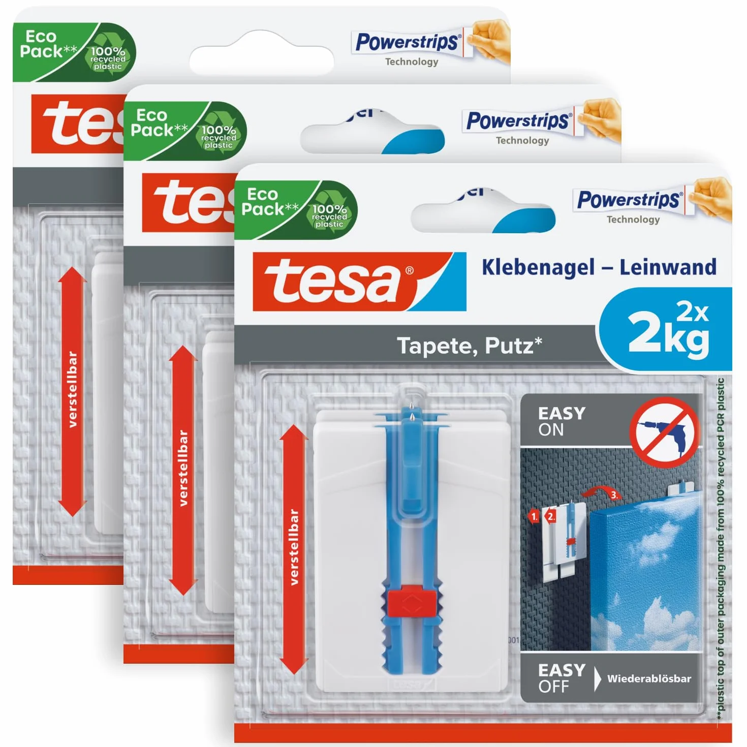Tesa Gwóźdź samoprzylepny, tapety i tynk, 3 sztuki, regulacja wysokości, samoprzylepny gwóźdź – idealny do płótna i blejtramu – udźwig 2 kg/gwoździe – nie pozostawia śladów po usunięciu, 3 x 2 gwoździe