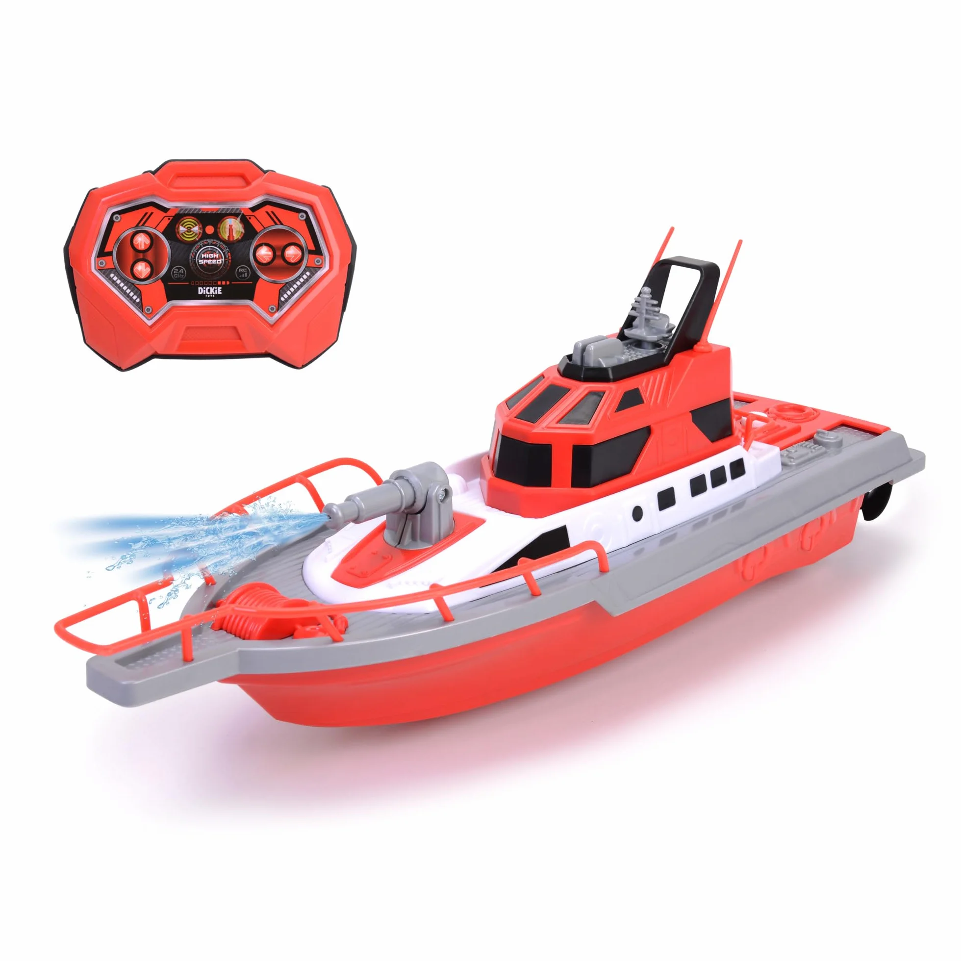 Dickie Toys Łódź Zdalnie Sterowana, Motorówka Straż pożarna 38 cm, wodoszczelna, prędkość 3 km/h, rozpylanie wody, zabawka wodna zdalne sterowanie łódką na basenie, nad jezioro, dla dzieci od 6 lat