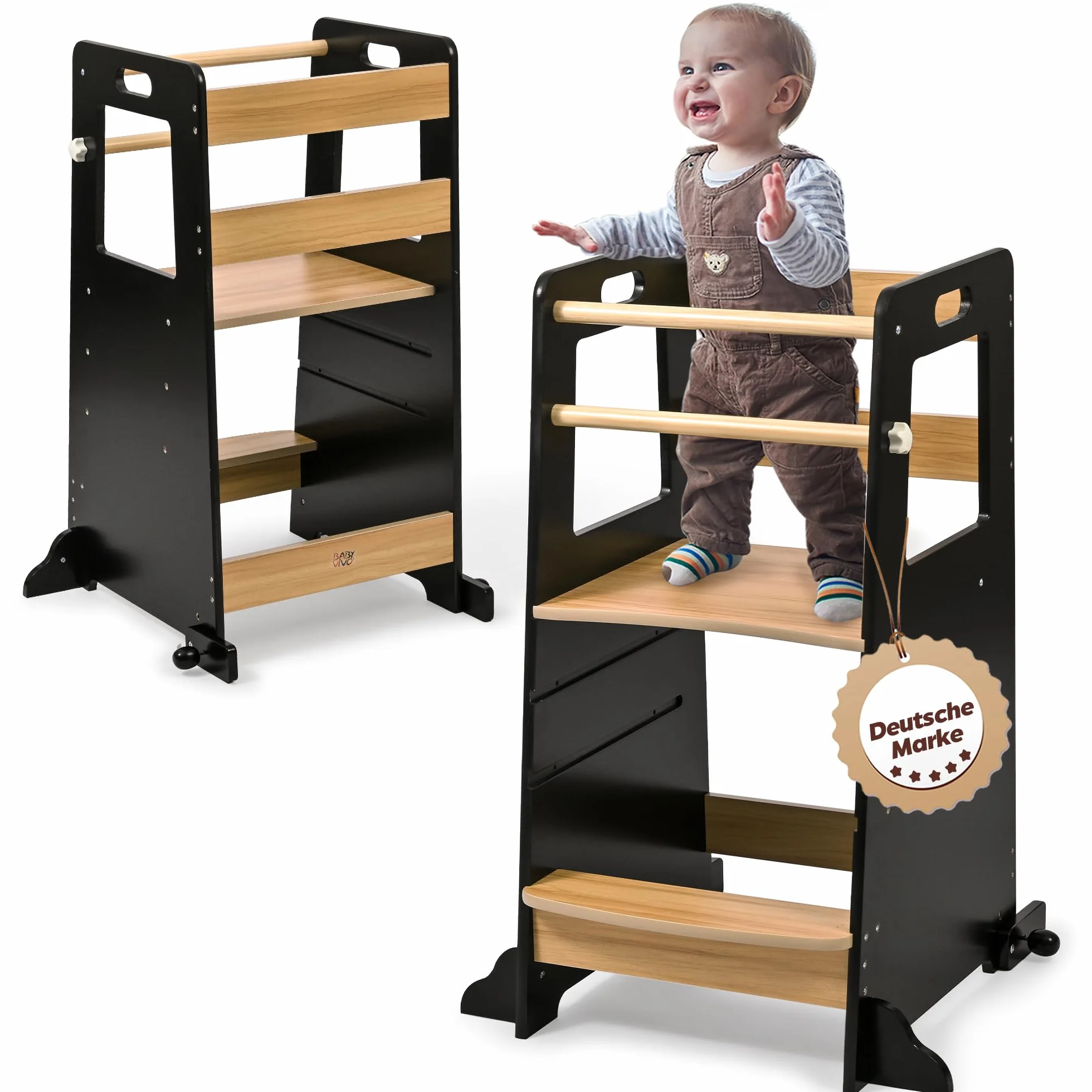 Baby Vivo Wieża edukacyjna z drewna z regulacją wysokości – ochrona przed przewróceniem się, meble kuchenne dla dzieci od 1 roku życia do 50 kg – wieża edukacyjna z 2 drążkami bezpieczeństwa,