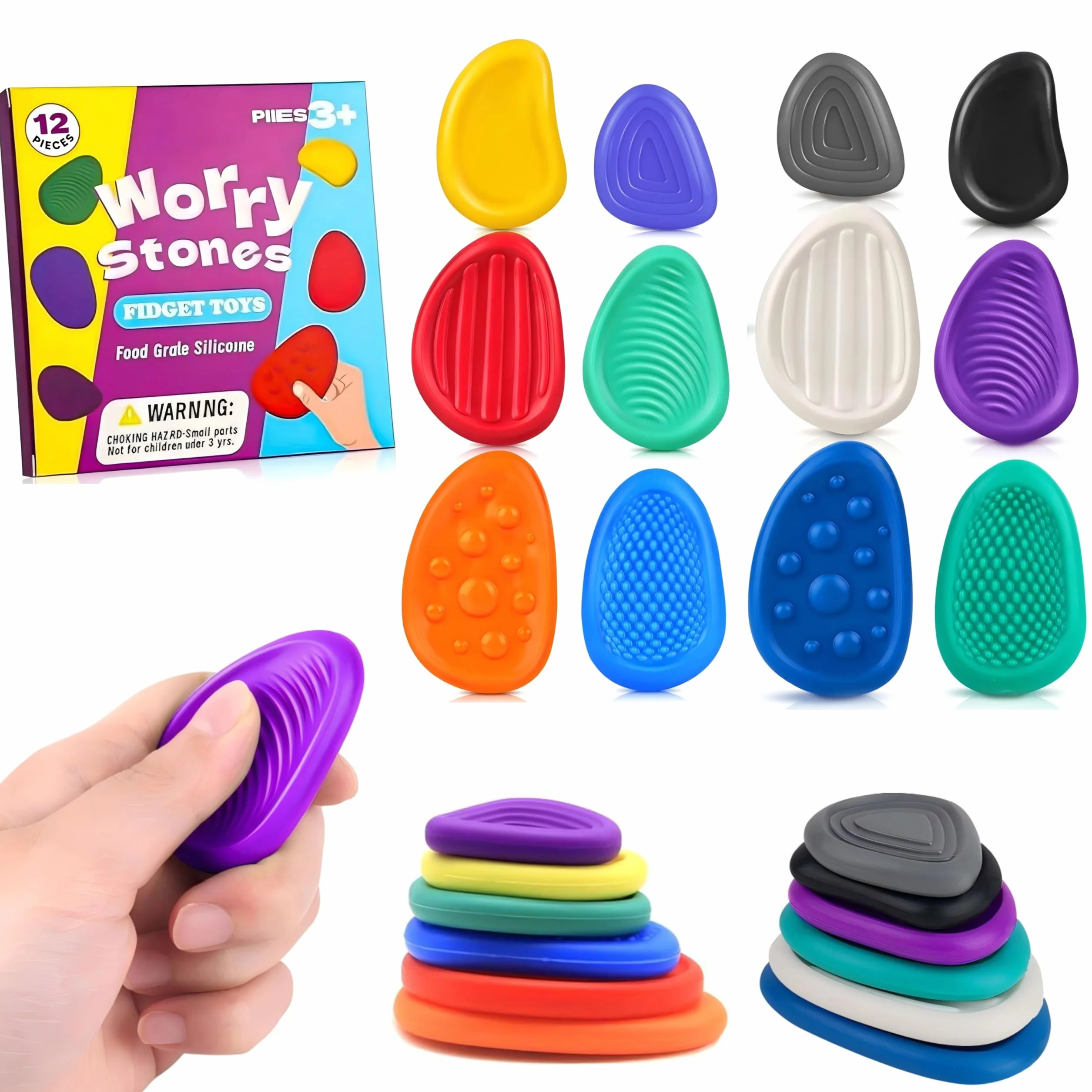 Fidget Toys Sensory Stones, zabawki antystresowe, sensoryczne, antystresowe, teksturowane, dla dzieci z autyzmem, 12 sztuk