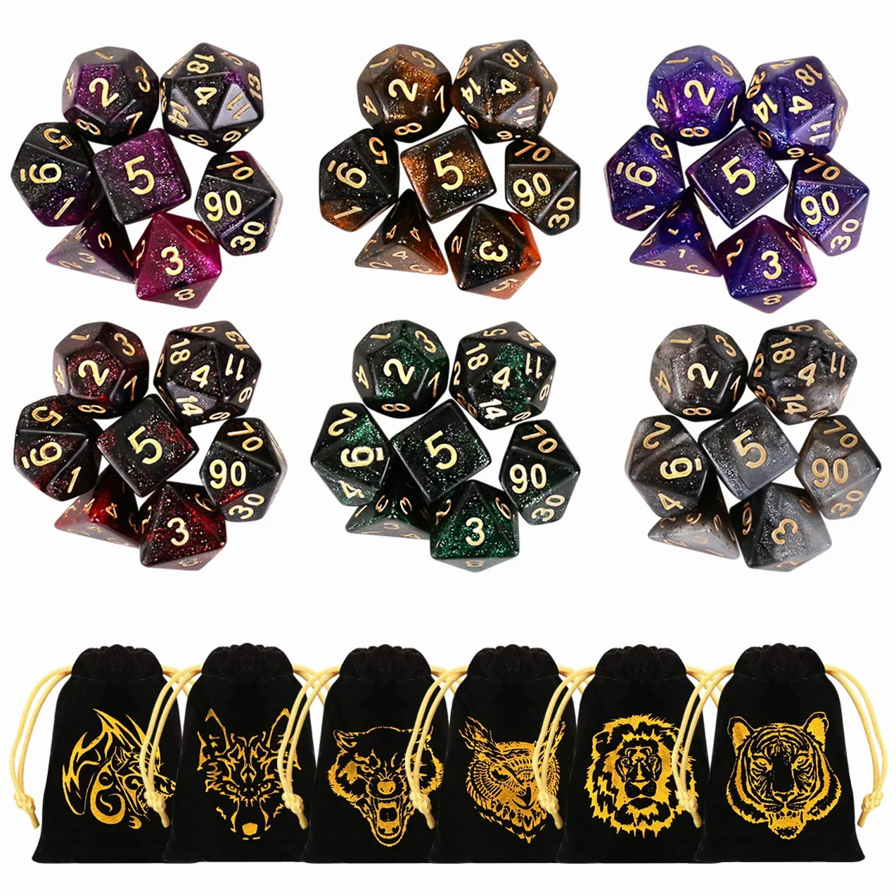 GWHOLE Zestaw kości DND 6×7 (42 szt.) Brokatowe wielościenne D4 D6 D8 D10 D12 D20 do Dungeons and Dragons RPG MTG Pathfinder