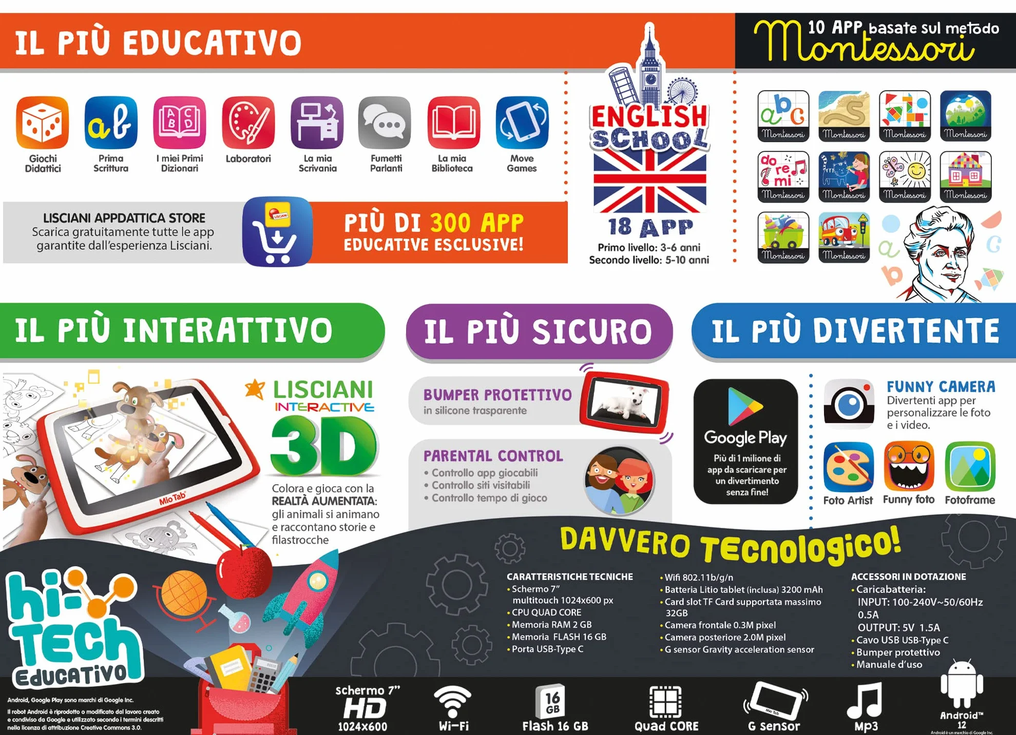 LISCIANI-Mio Tab 7 cali Evolution 2022, dzieci w wieku 6-12 lat, pamięć 16 GB, autonomiczne, zdolności sensoryczne, koordynacja ręka-oko, wielokolorowa, 97005
