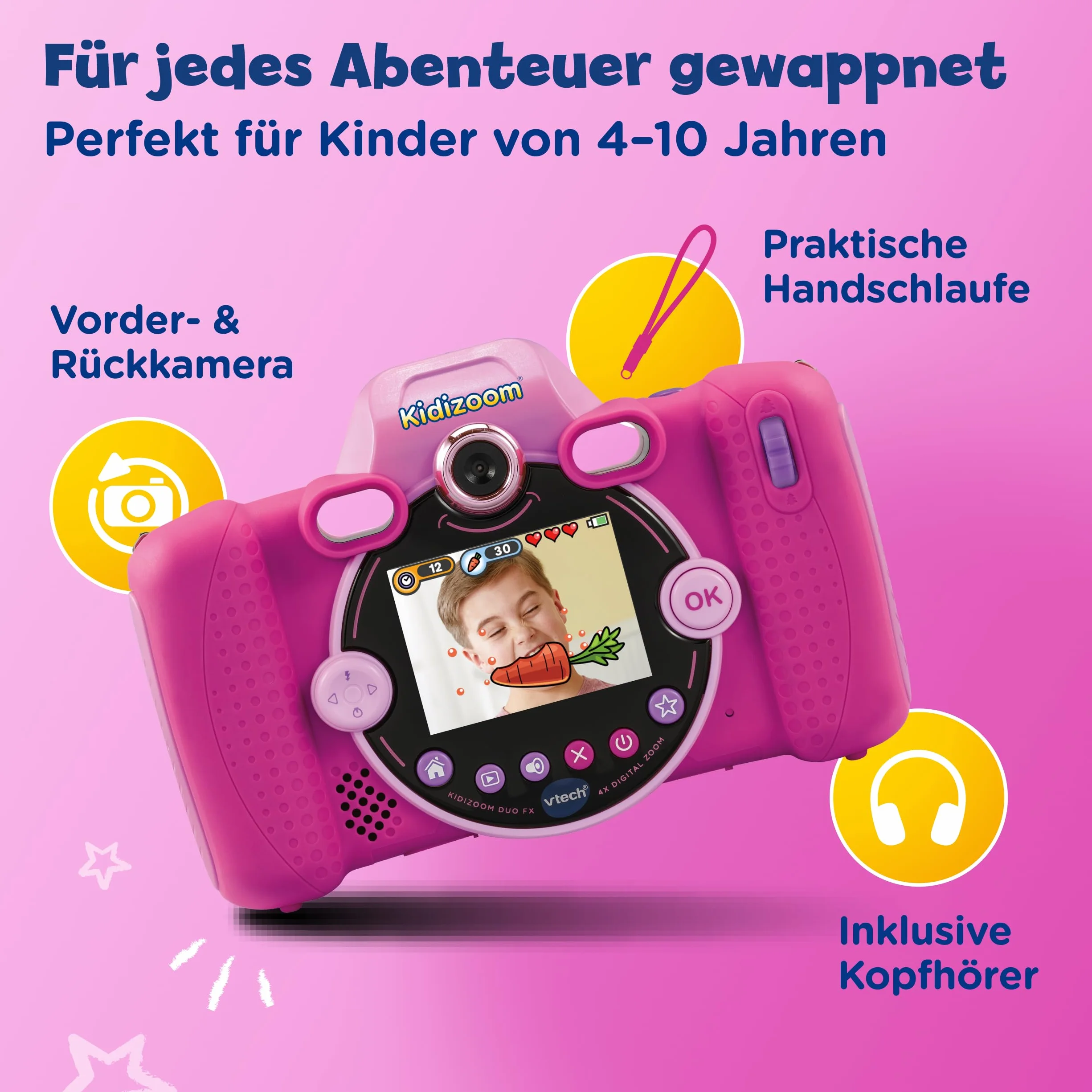 VTech KidiZoom Duo FX w kolorze różowym – wytrzymały aparat cyfrowy z kreatywnymi aplikacjami i funkcjami gry – dla dzieci w wieku 4-10 lat