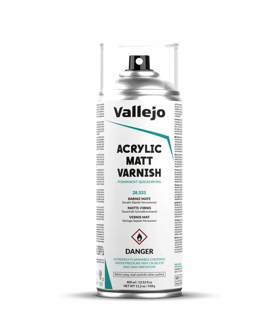 Vallejo Akrylowy matowy lakier w sprayu, długotrwała ochrona, odporny na zarysowania i nie żółknie, powierzchnie zewnętrzne i wewnętrzne, 400 ml
