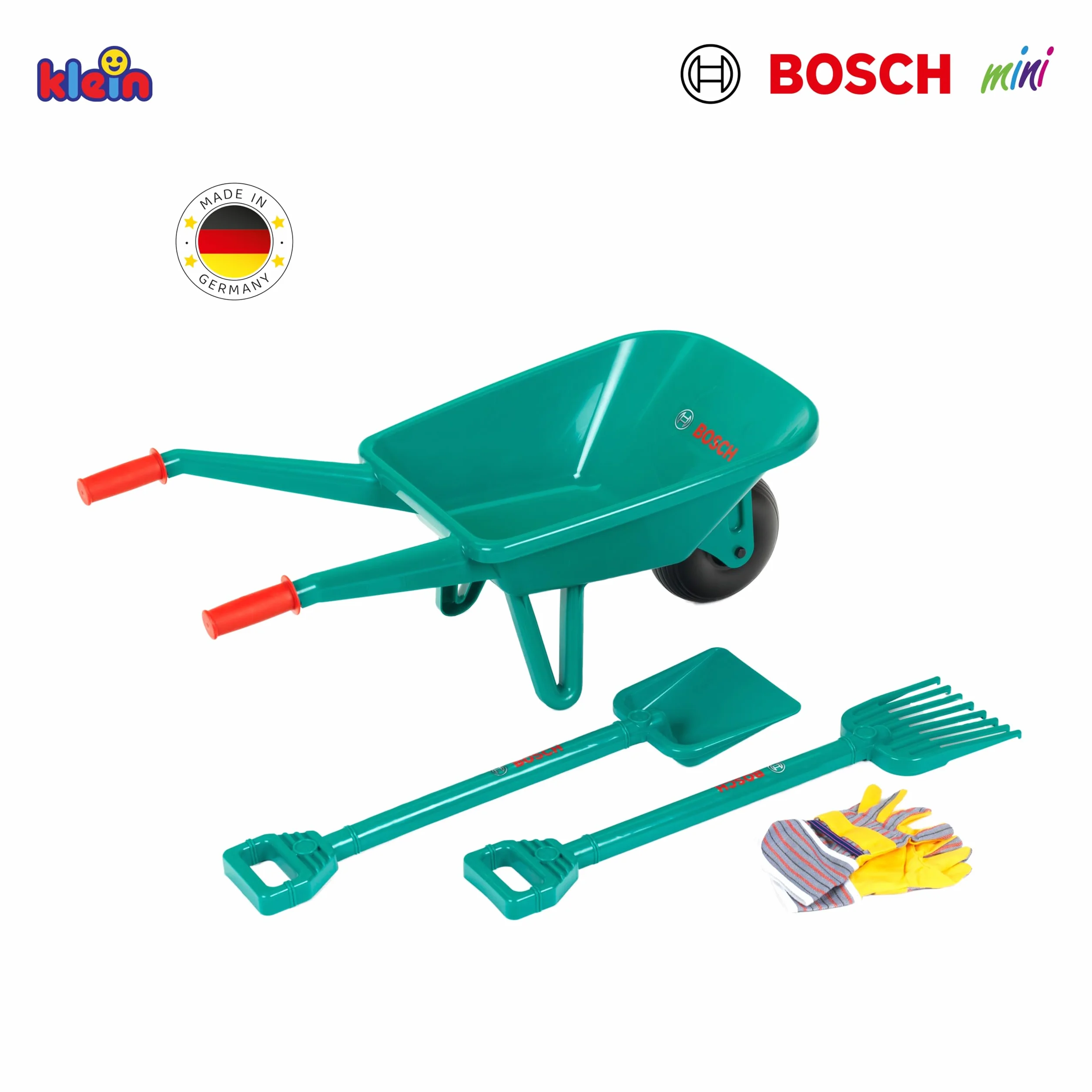 Theo Klein 2660 Bosch zestaw ogrodowy taczką łopata grabie rękawice robocze 70,5x34x33 cm zabawka od 3 lat
