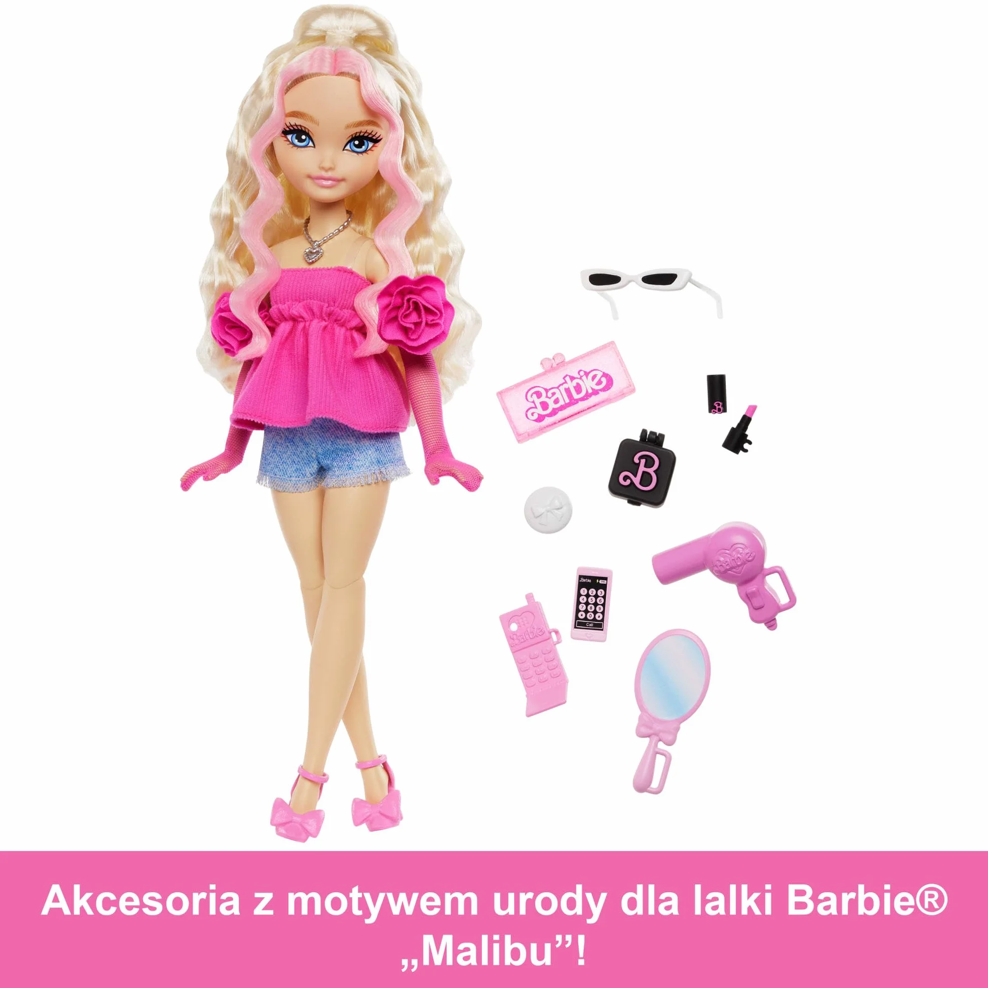 Barbie Dream Besties Lalka modowa „Malibu” do ustawiania w różnych pozach z falowanymi blond włosami i 8 akcesoriami urodowymi, HYC21