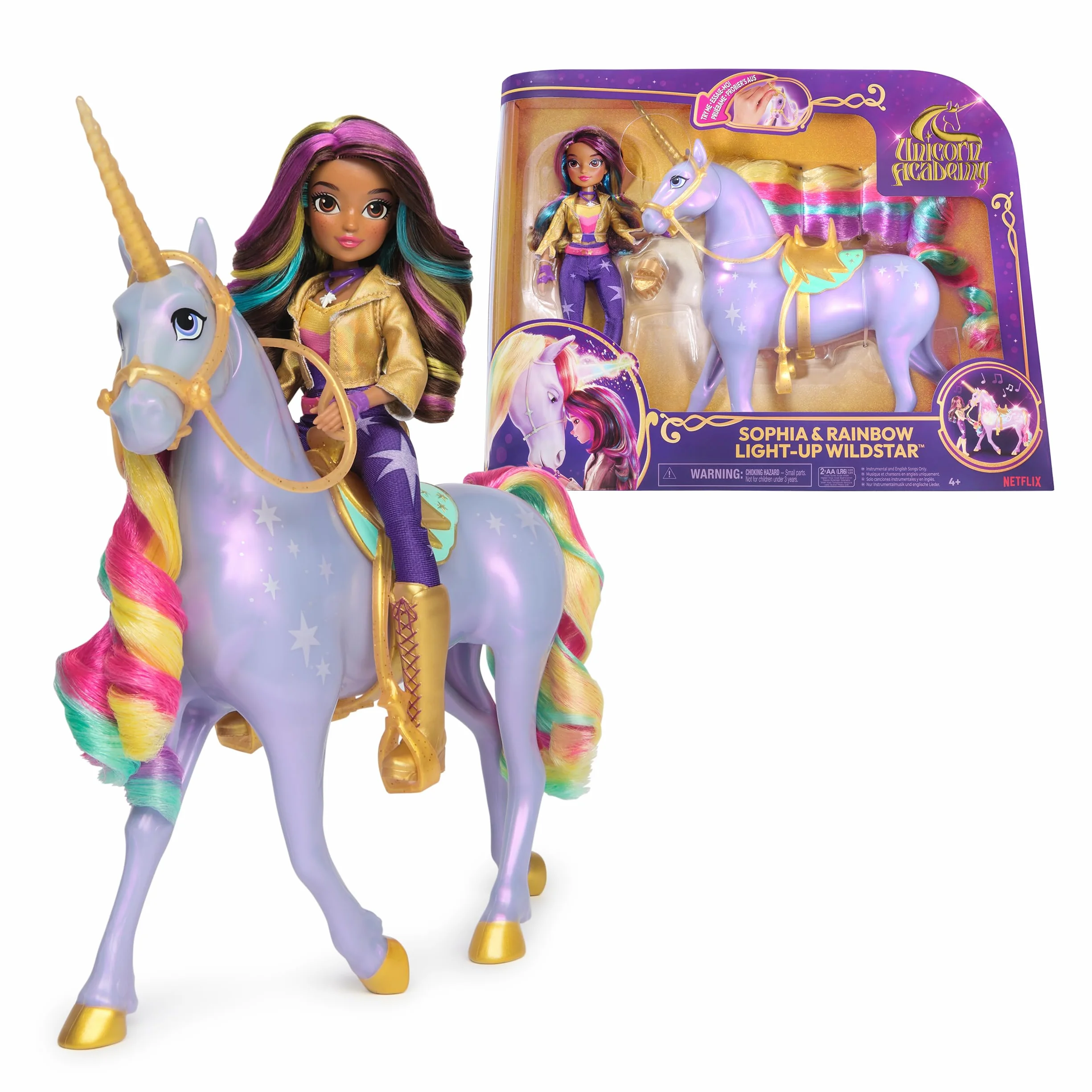 Unicorn Academy - The School of Unicorns - Wildstar Function Unicorn 28 cm + Lalka Sophia 24 cm - Z dźwiękami i światłami - Zabawki inspirowane serią Unicorns School - Zabawka dla dzieci od 4 lat
