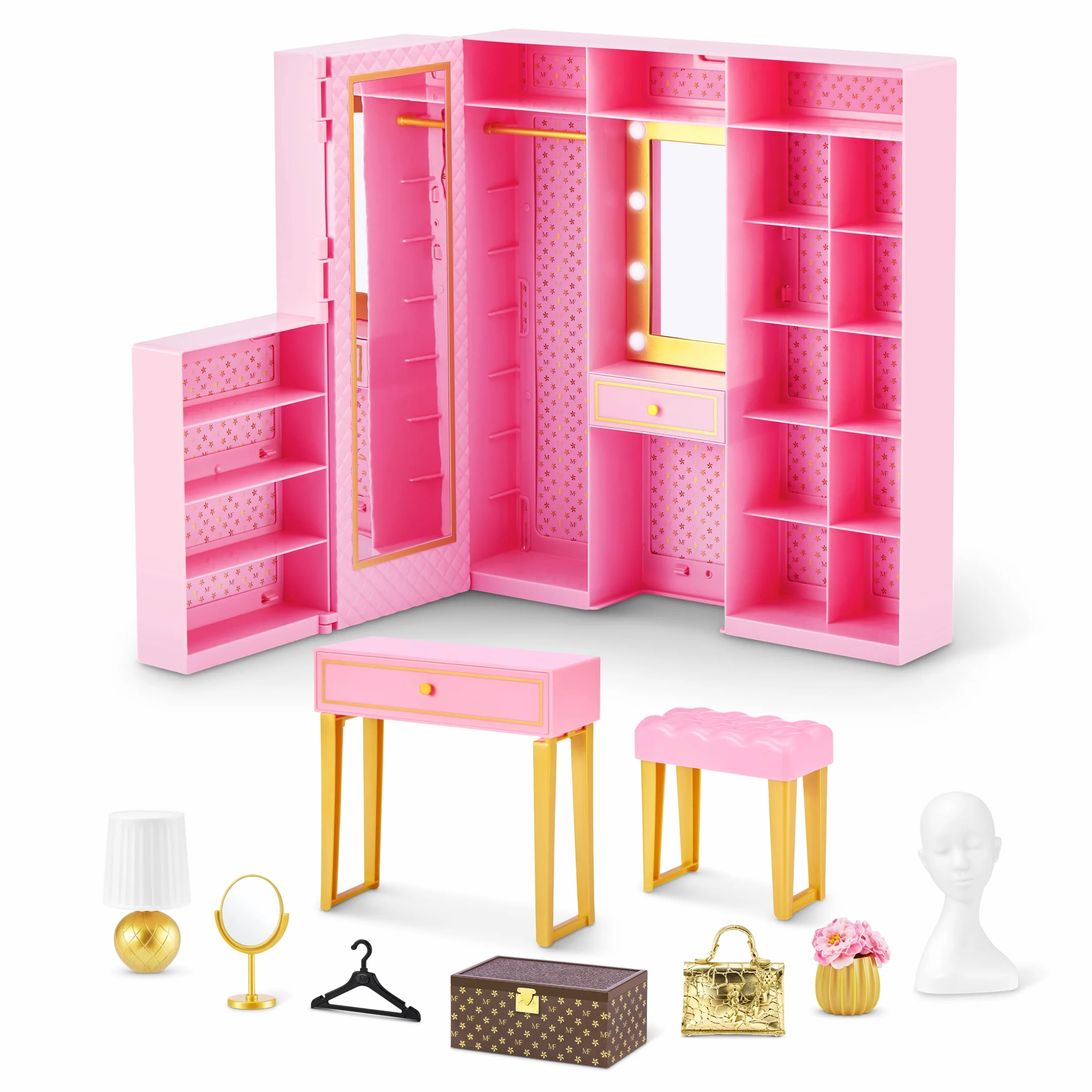 Mini Brands ZURU Mini Fashion Dream Wardrobe by ZURU z ekskluzywną metaliczną mini torebką modową i 25 obszarami do przechowywania akcesoriów do hold doll akcesoria prezent dla dziewcząt, Who Love