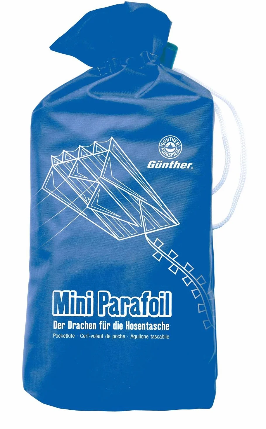 Paul Günther 1189 – mini parafoil niebieski, kolorowy smok do kieszeni spodni, z odpornym na działanie światła żaglem można wygodnie schować w torbie, ok. 60 x 51 cm