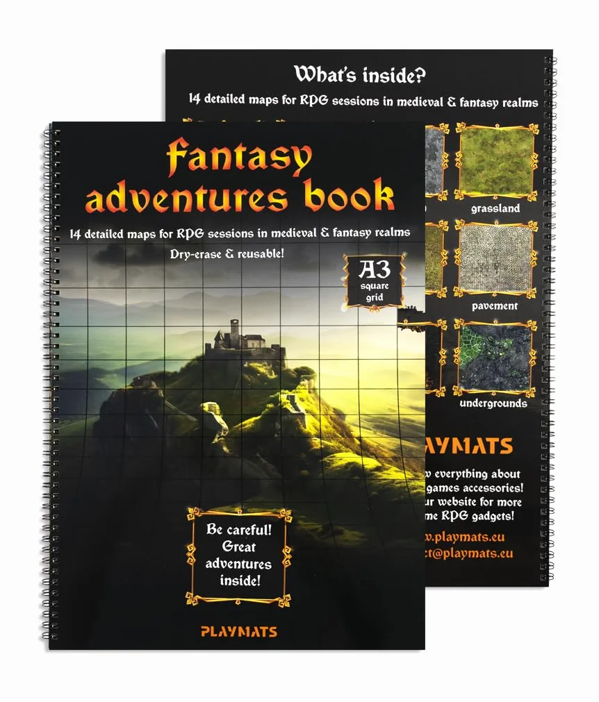 Fantasy Adventures book - A3 Księga suchościeralna do gier RPG - 14 wzorów map - siatka kwadratowa
