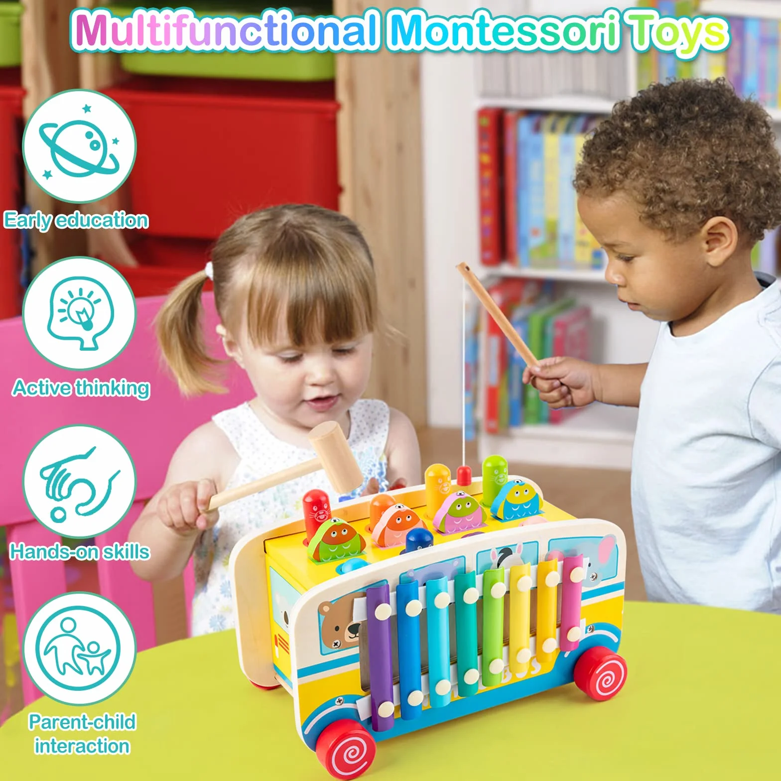 Sundaymot Montessori zabawka dla dzieci od 1 roku, 4 w 1, zabawka motoryczna, drewniana zabawka dla dzieci od 3, 4, 5, 6, 7 lat, prezent dla dziewcząt, chłopców, wersja autobusu