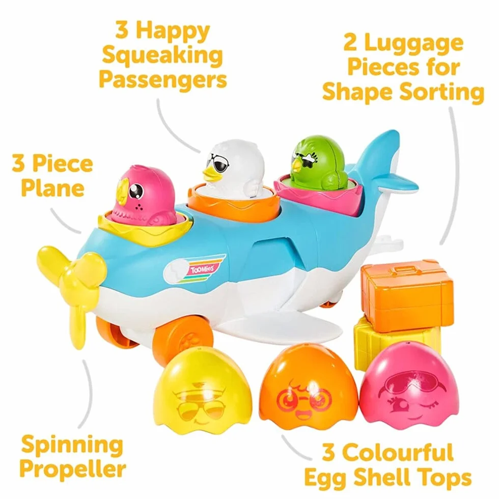 Toomies TOMY Hide and Squeak 2 w 1 Load and Go Plane zabawka dla niemowląt, zabawka edukacyjna dla niemowląt, zabawki muzyczne z kolorami i dźwiękami, dla chłopców i dziewcząt w wieku 1, 2 i 3 lat