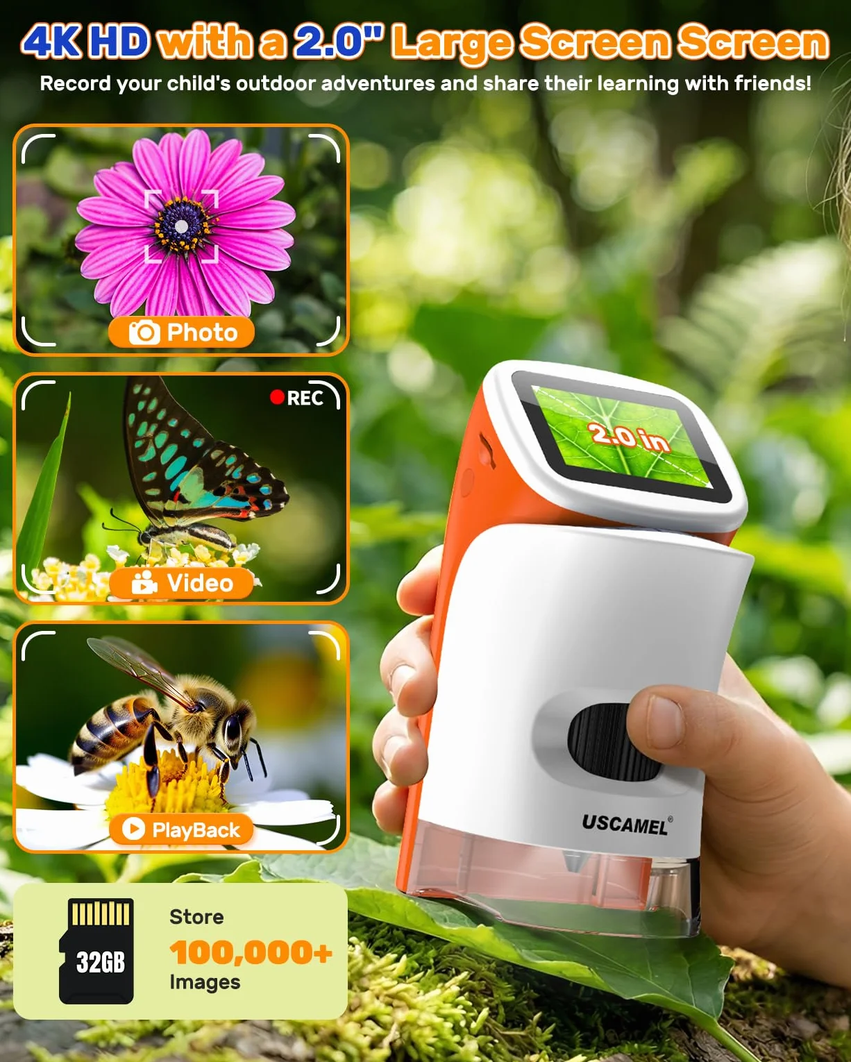 Mikroskop cyfrowy dla dzieci 100-1000x z ekranem LCD 4K, 5,1 cm, USB, 32G TF