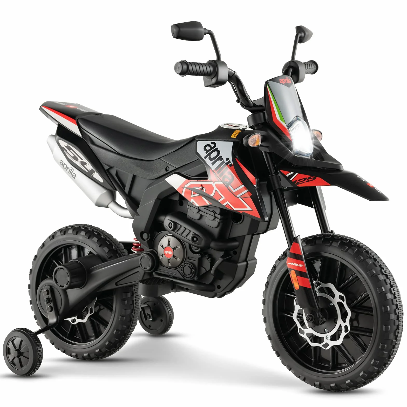 GOPLUS elektryczny motocykl Aprilia 12 V, 2 kółka podporowe i reflektory, muzyka dla dzieci 3-8 lat, pojazd z silnikami i amortyzatorami