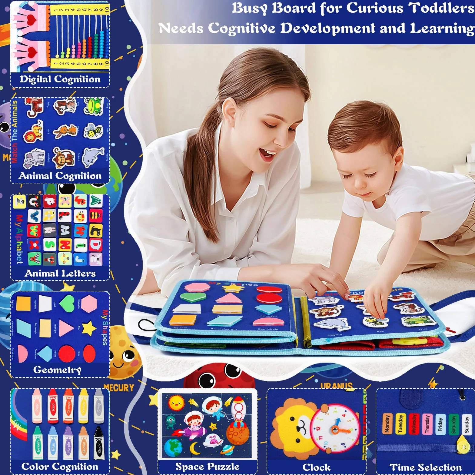 Busy Board para Niños,Juguete Educativo Montessori 9en1,Tablero Sensorial de 5 Capas en Fieltro Suave,Aprendizaje de Habilidades de Vida y Motricidad Fina,Juguete Portátil para Viajes,Regalo 1-5 Años