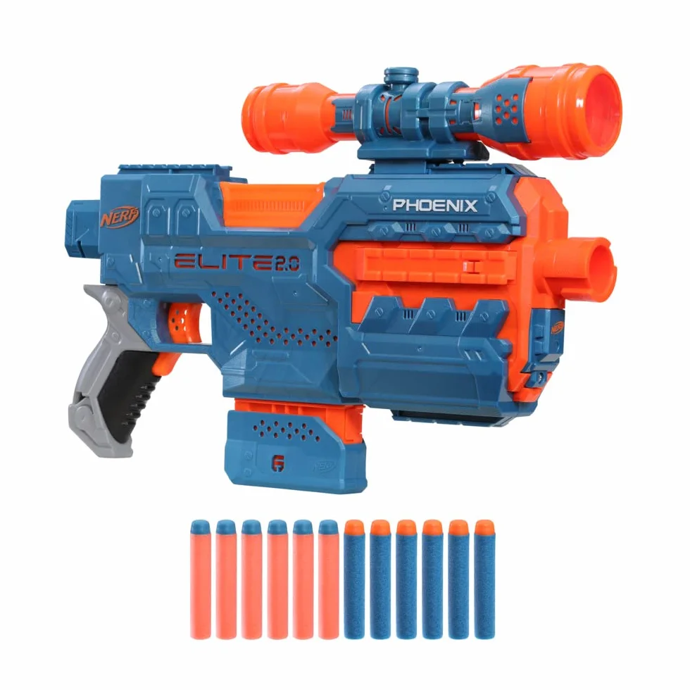 Nerf Blaster z napędem Elite 2.0 Phoenix CS-6, 12 Nerf Rzutki, teleskop, magazyn klipów, z opcjami rozszerzenia