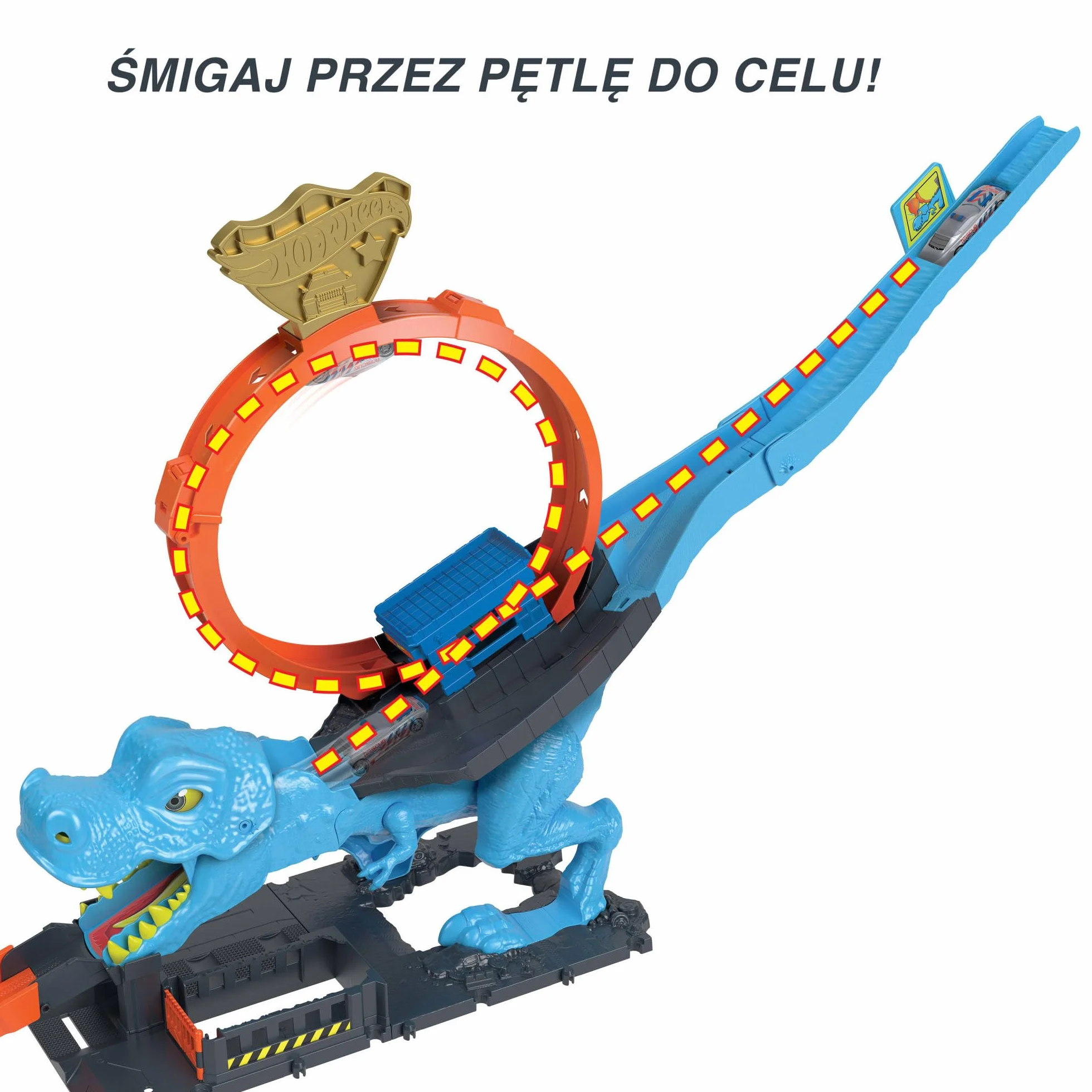 Hot Wheels City Pętla T-Rexa Zestaw z ogromną pętlą i starciem z dużym dinozaurem, HNP77