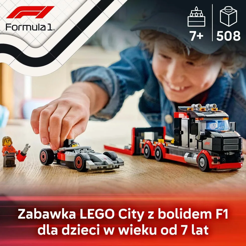 LEGO City Ciężarówka F1 z bolidem Audi F1, zabawka dla dzieci do zbudowania, pomysł na prezent dla 7-latka, dla chłopca i dziewczynki na urodziny, ozdoba na biurko dla fana wyścigówki z klocków 60493