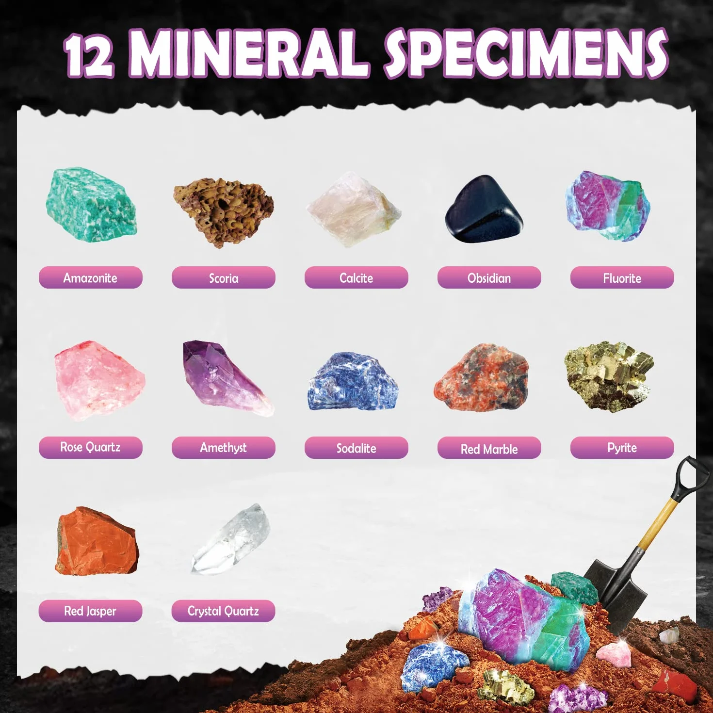 Byncceh Zestaw do wykopywania kamieni szlachetnych dla dzieci w wieku 6-12 lat, zestaw do wykopywania kamieni szlachetnych z 12 minerałami, zabawka z dziedziny mineralogii i geologii, archeologia