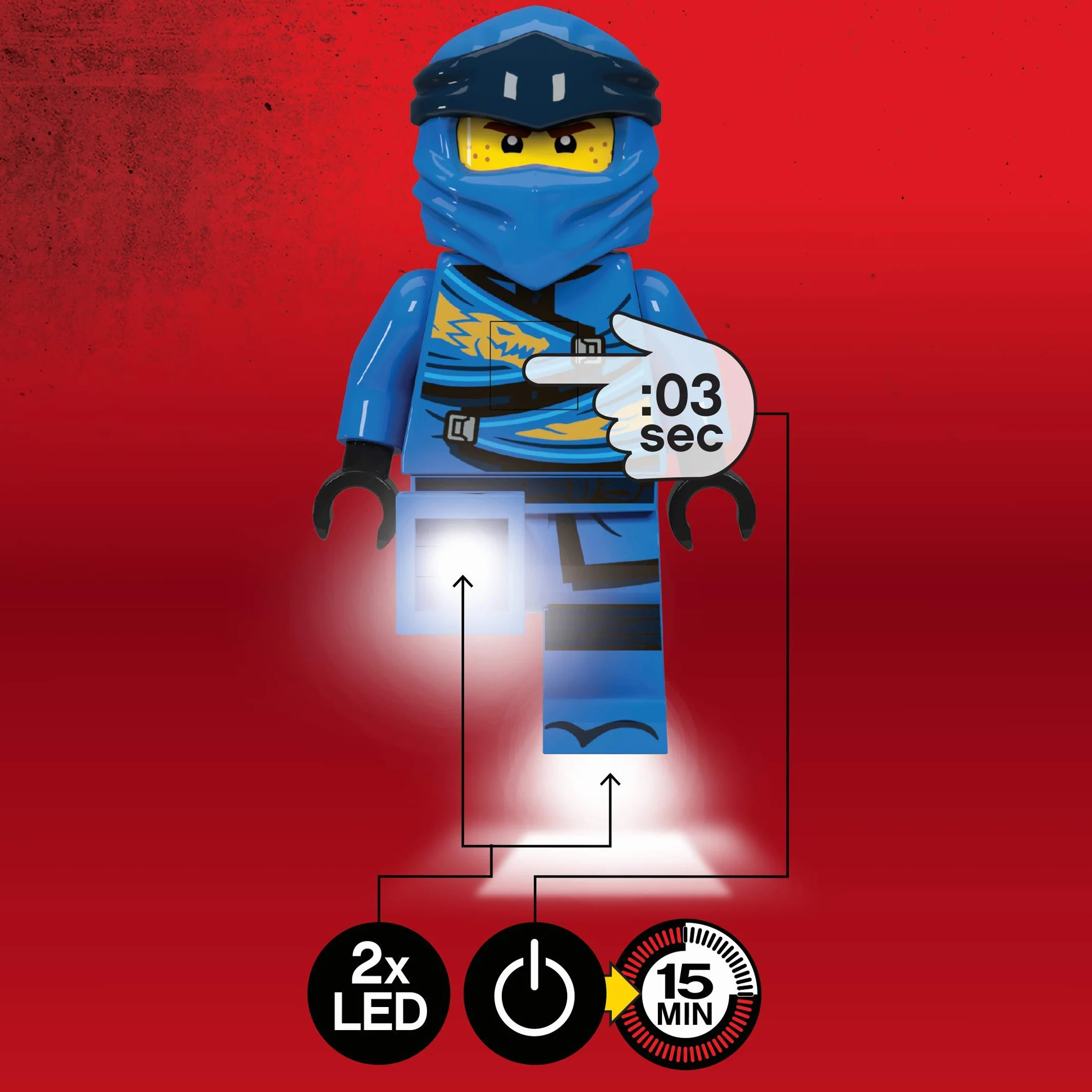 Lego Ninjago Legacy - Jay - Latarka LED na baterie, 127 mm, automatyczne wyłączanie, baterie w zestawie