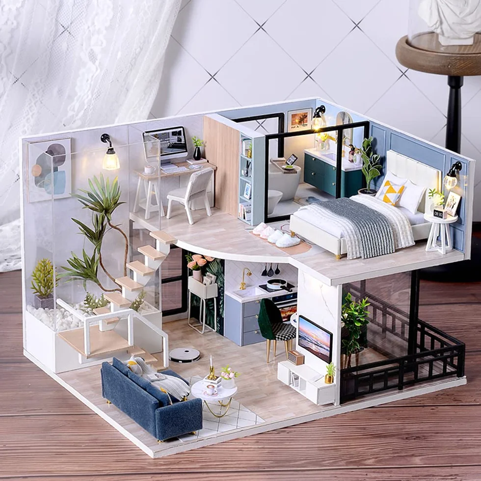 CUTEBEE - Miniatura z meblami z domu lalek, zestaw DIY Dollhouse z drewna tak jak pył i, 1:24 Kreatywna sala dla pomysłu Prezent na Walentynki（Cozy Time）