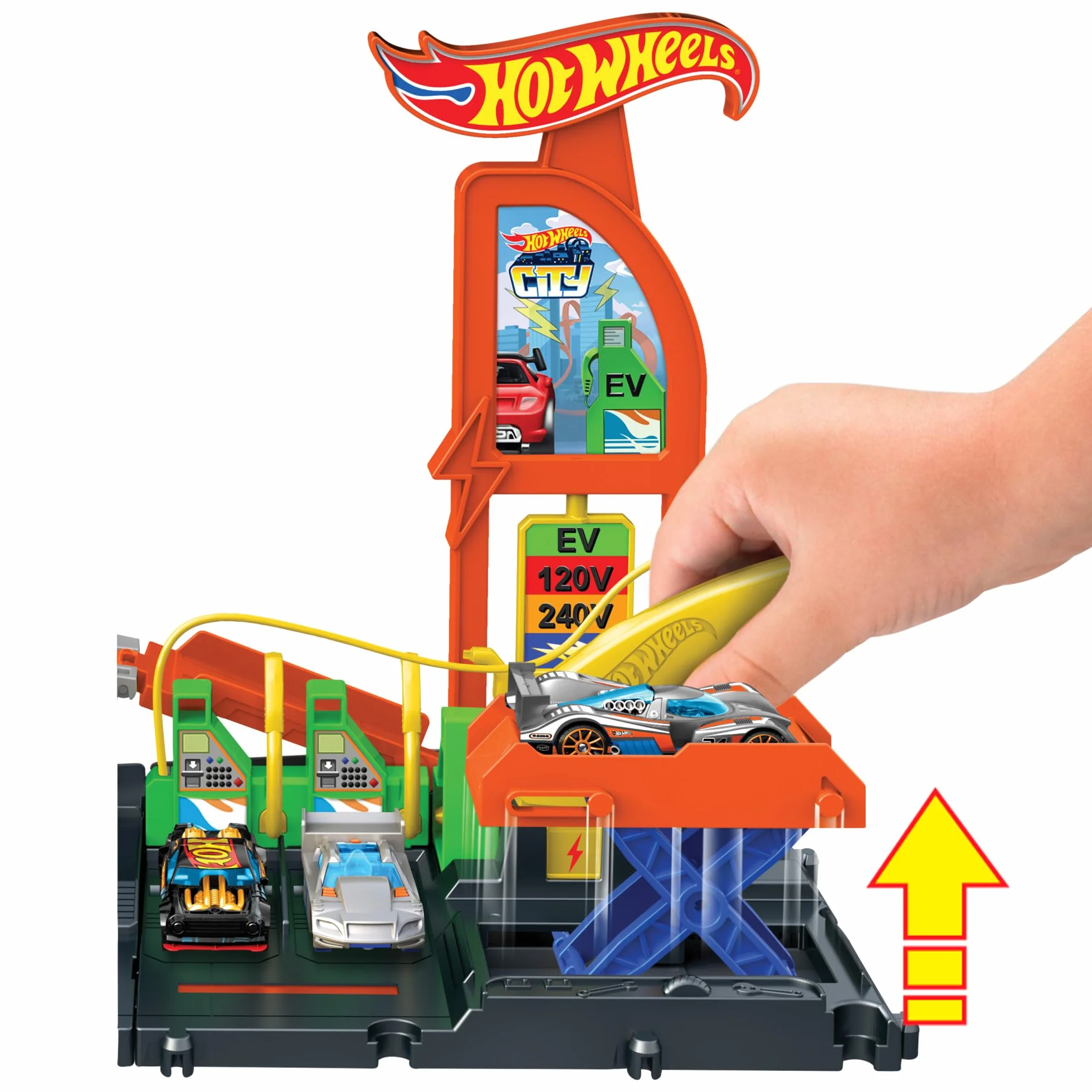 Hot Wheels Let's Race – Na start! - Netflix - Superstacja ładowania Zestaw z zabawkową stacją ładowania pojazdów elektrycznych i samochodzikiem w skali 1:64, HTN79