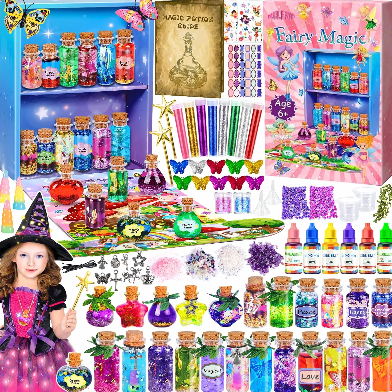 MULEVIP Zestaw magicznych mikstur dla dzieci, zestawy wróżkowych mikstur z 24 magicznymi butelkami, kryształy energii, motyle, zawieszka, magiczna mikstura Kreatywne prezenty DIY dla dziewczynek
