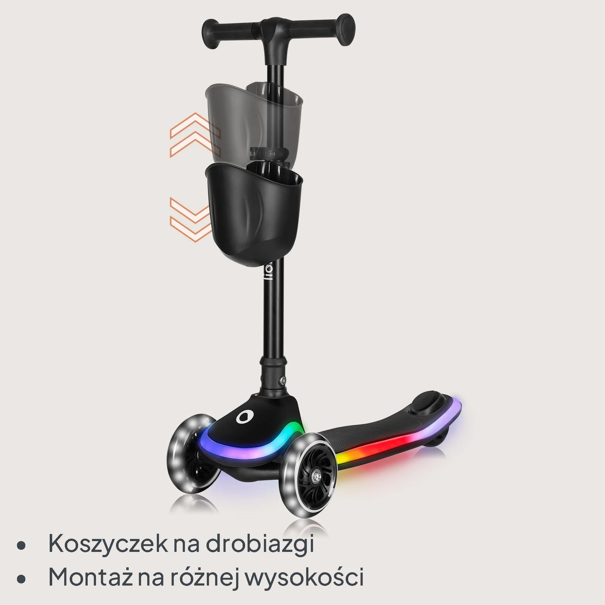 LIONELO MEY Hulajnoga Balansowa dla Dzieci od 3 roku życia do 50 kg, Trójkołowa Hulajnoga Dziecięca z Regulacją Wysokości, Antypoślizgowy Podświetlany Podest i Koła LED, Koszyk
