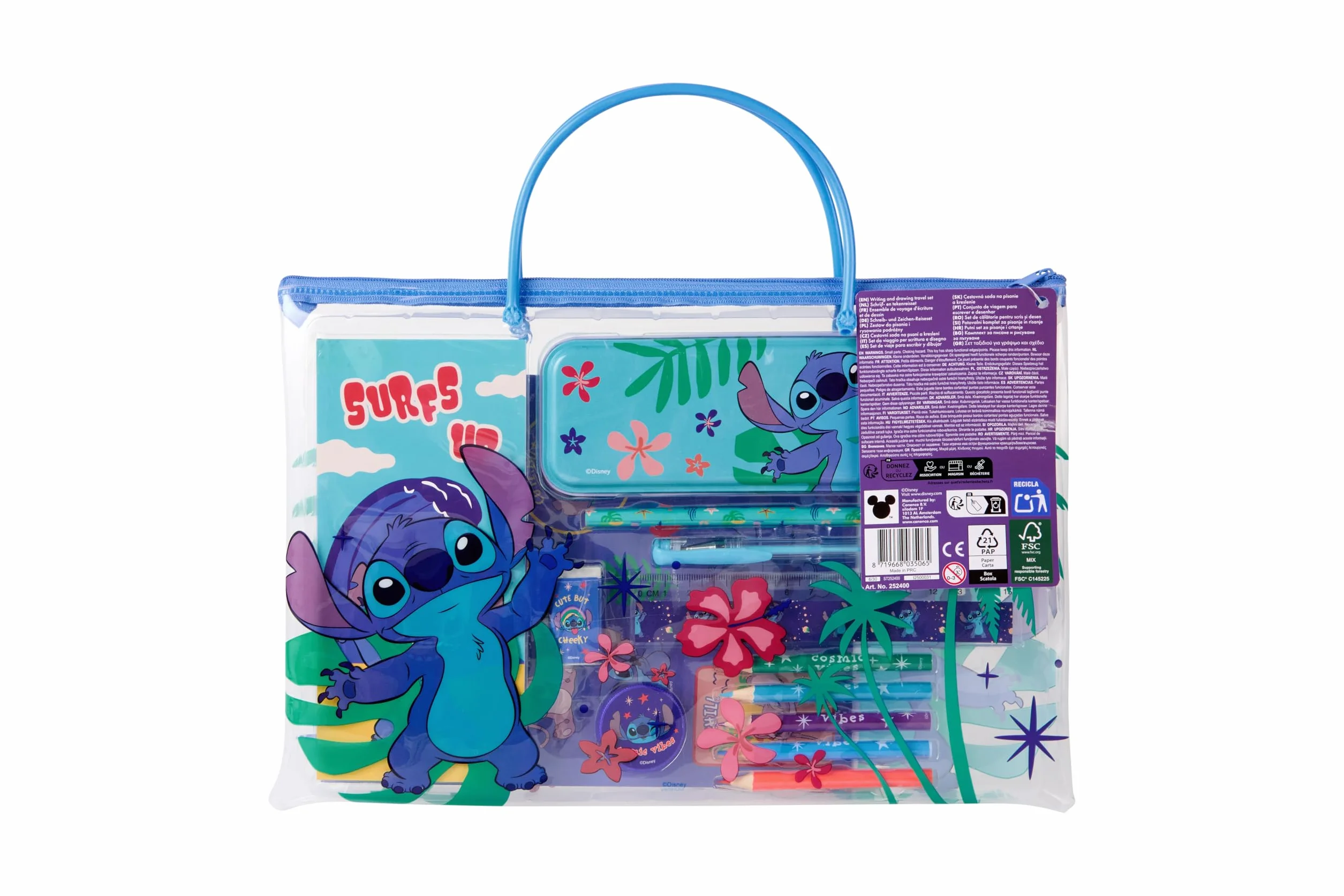 Disney Stitch zestaw podróżny do pisania i rysowania | Zestaw do malowania i rękodzieła dla dzieci z piórnikiem, długopisami i kartkami do kolorowania | Kreatywny zestaw podróżny w torbie z uchwytem |
