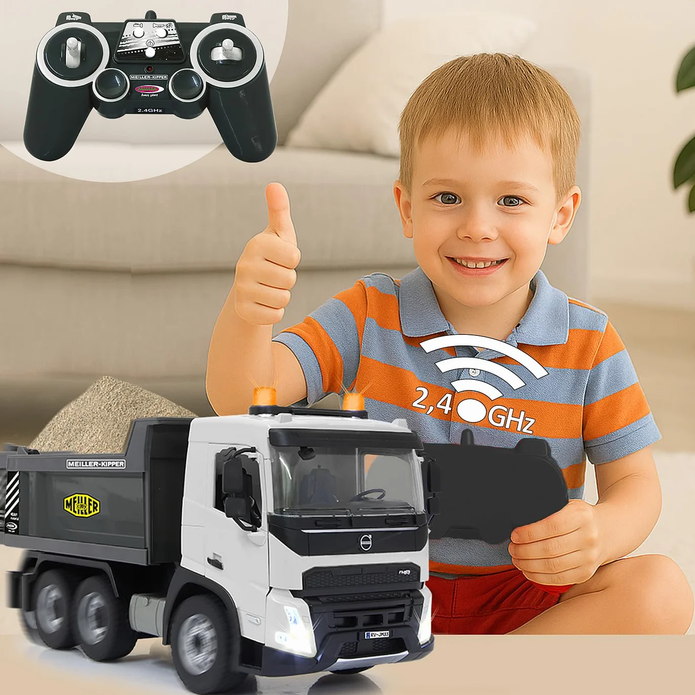 JAMARA Wywrotka Volvo FMX Meiller 1:20 2,4 GHz – oficjalnie licencjonowana, dźwięk ostrzegawczy cofania, profilowane gumowe opony, światło LED, wgłębienie uchylne w górę/w dół, pojazd budowlany