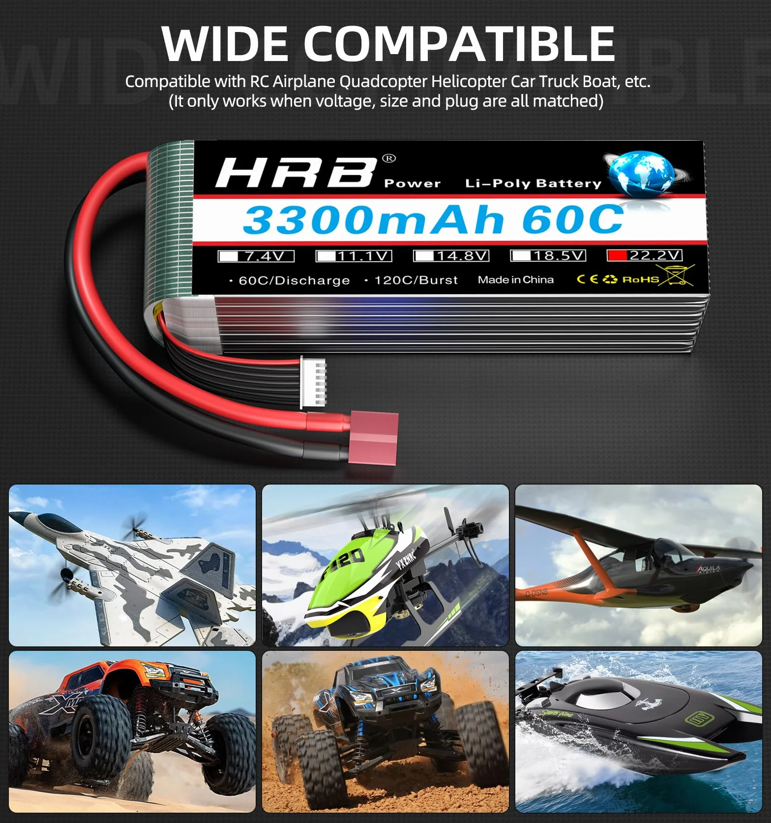 HRB 2 opakowania 6S 3300mAh 22,2 V 60C LiPo Akumulator z wtyczką do samochodów RC Car Boat Truck Heli Airplane (Dean T)